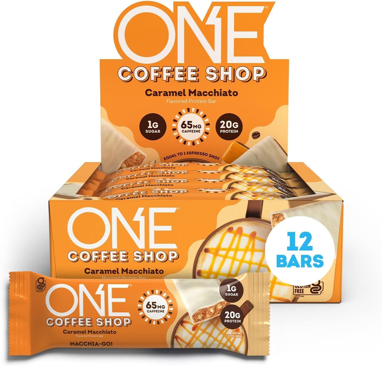 Coffee Shop Caffeinated Protein Bars, Caramel Macchiato, Gluten Free with 20g Protein and 65mg of Caffeine Energy, Pantry Staples, 2.12 oz (12 Count), Packaging May Vary
