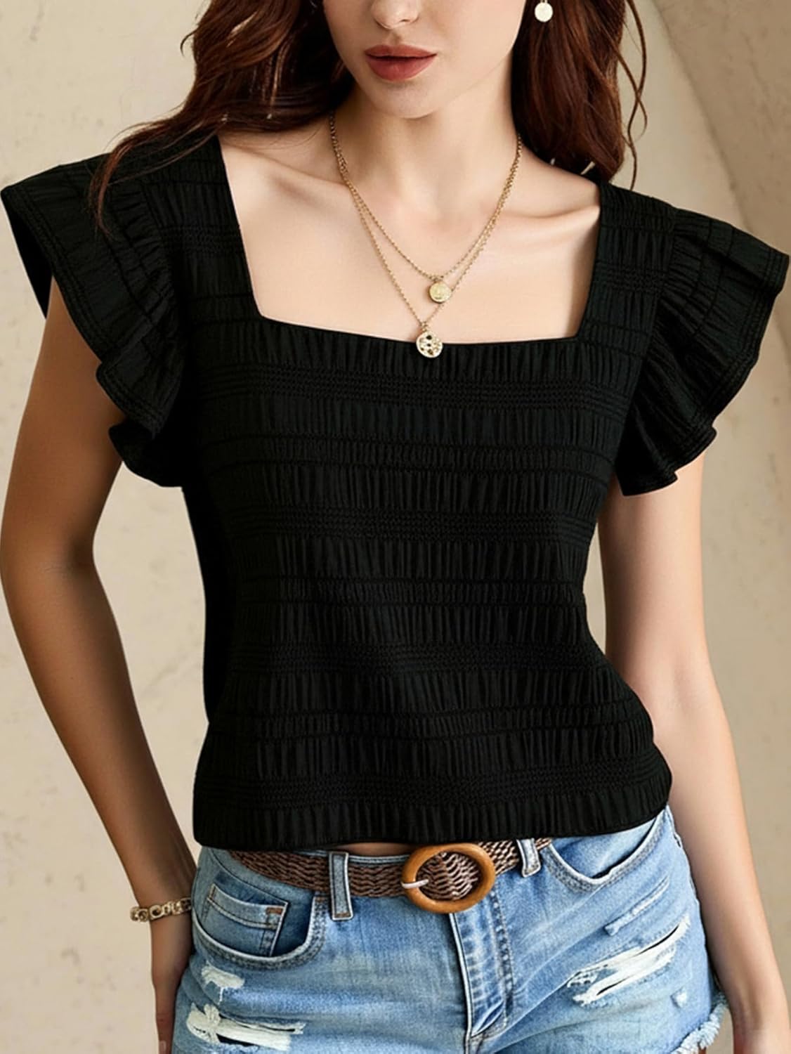 Women's Summer Ruffle Sleeve Cute Blouses Dressy Casual Square Neck Tops - Image 4