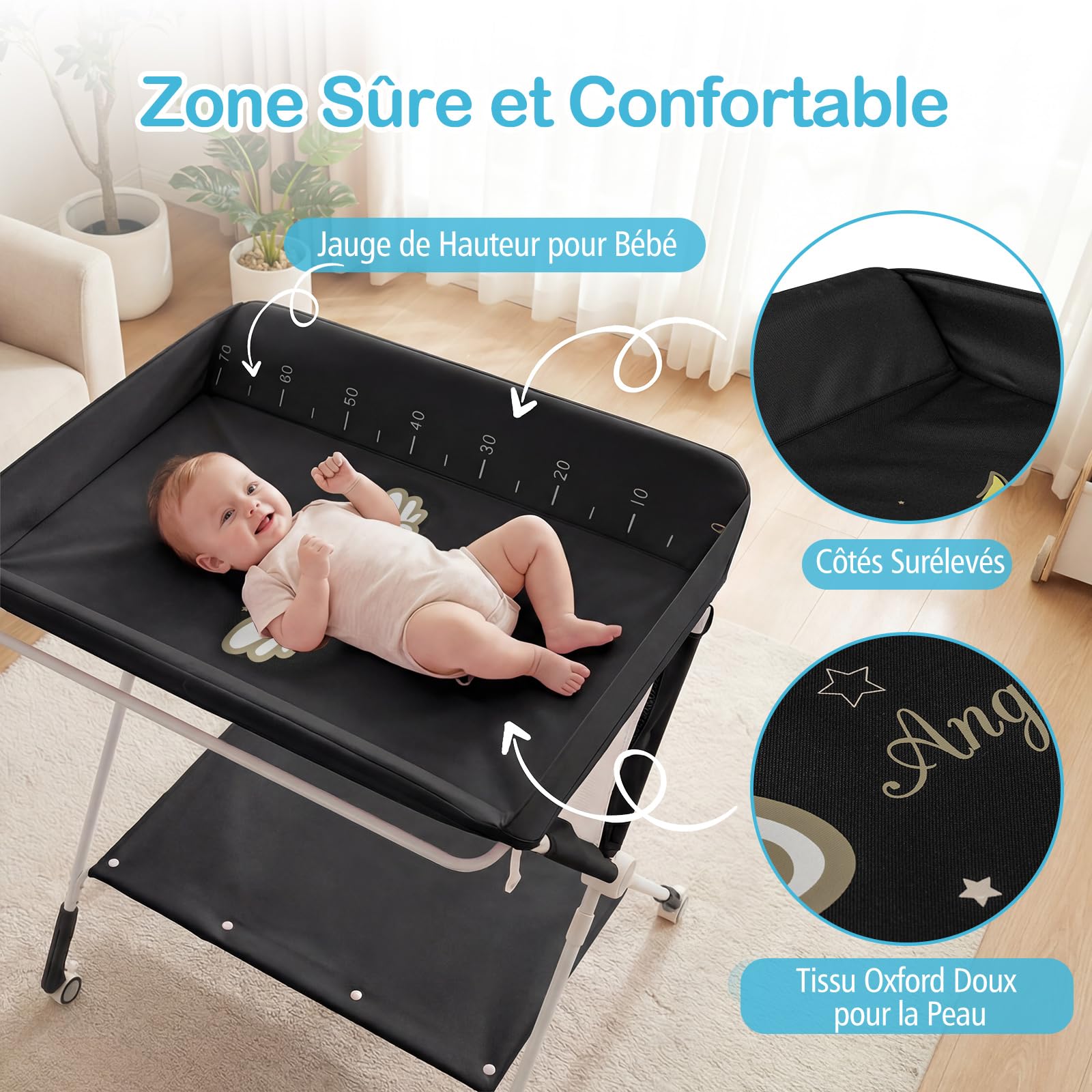 COSTWAY Table à Langer Pliante pour Bébé, Table à Langer Portable Réglable en Hauteur sur 3 Niveaux avec Roulettes Étagère et Panier, Station Organiseur Mobile pour Nouveau-nés (Noir)