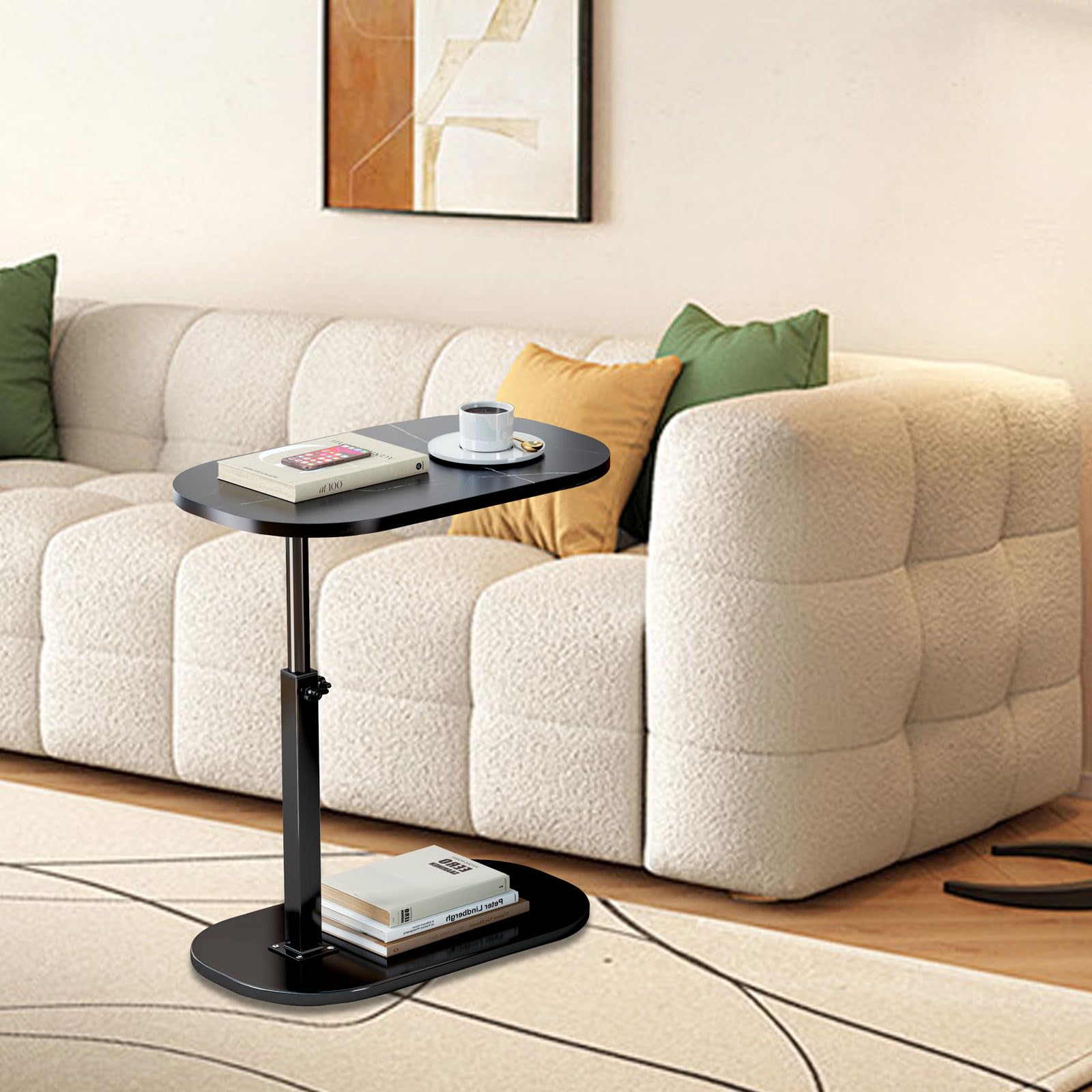 Table d'appoint en Forme de c Hauteur réglable, 360 ° Pivotante Ordinateur Portable stand pour canapé/LIT, Bois Petite Table Basse pour Salon Balcon Chambre, Design léger,Facile à Monter (Black)