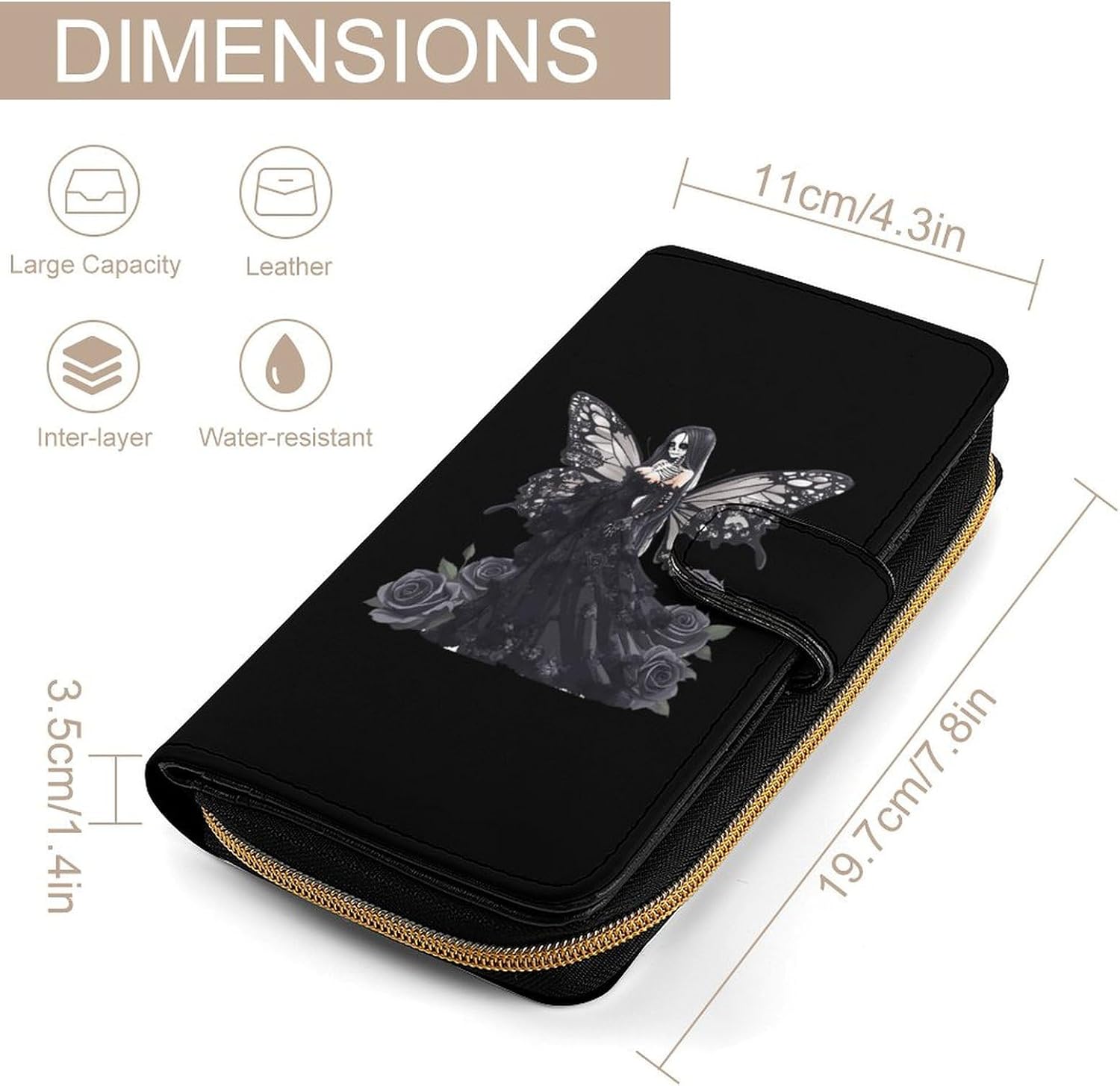 Goth Roses Butterfly Skeleton Fairy Women's Long Wallet Leather Large Capacity Wristlet Clutch Purse Wallets
