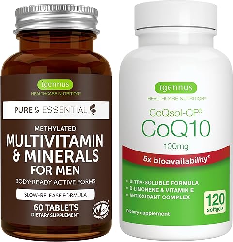 Multivitamínico y minerales para hombres + CoQ10 de alta absorción 100 mg 120 cápsulas blandas paquete energético, multivitamínico avanzado de