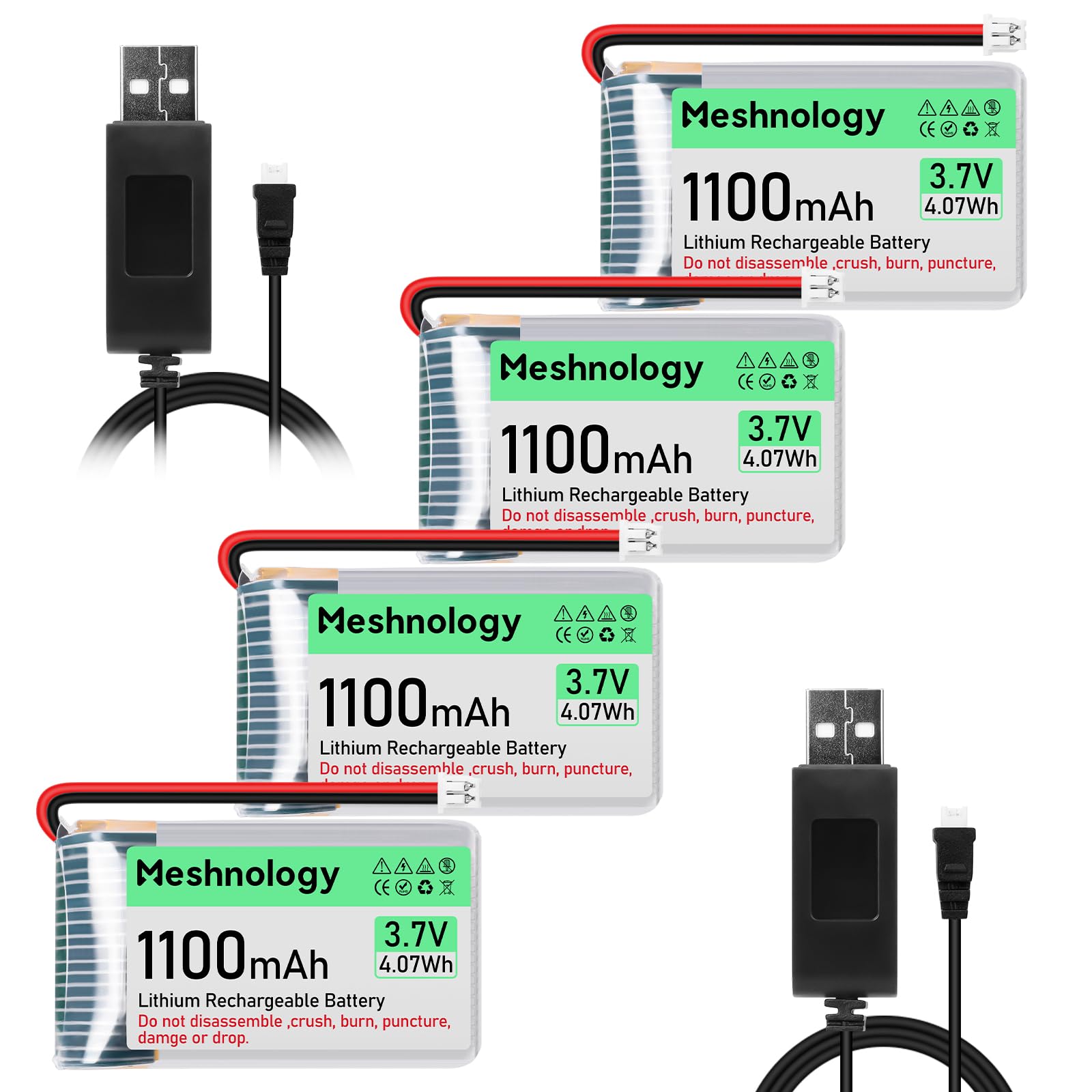 4 Baterías De Litio De 3,7 V 1100 MAh Con Cable De Carga USB 102540 1S