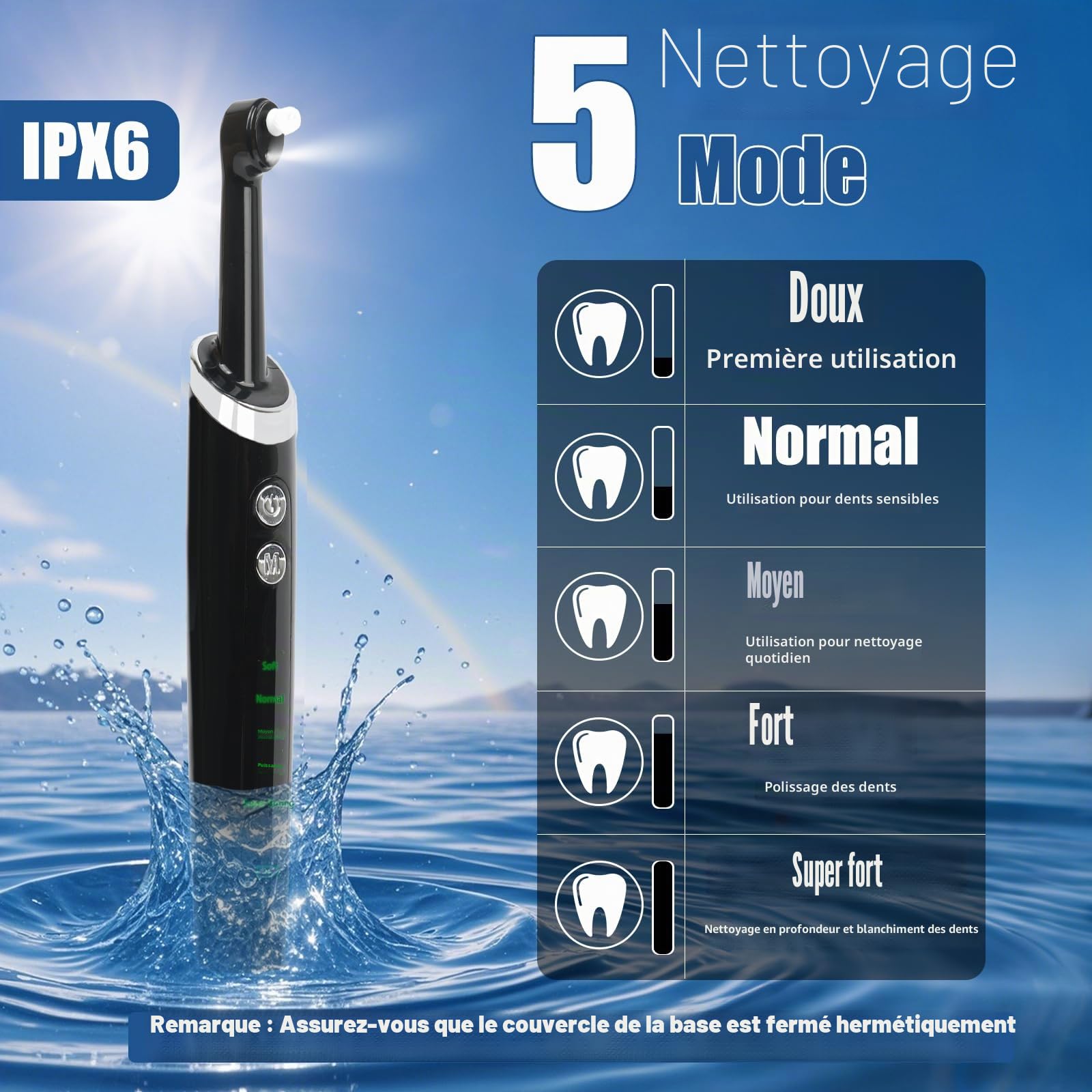 Polisseur dentaire, kit de blanchiment des dents rechargeable, nettoyage et blanchiment, polisseur électrique avec pâte à polir à 3 dents, 5 modes de vitesse, lumière LED-noir