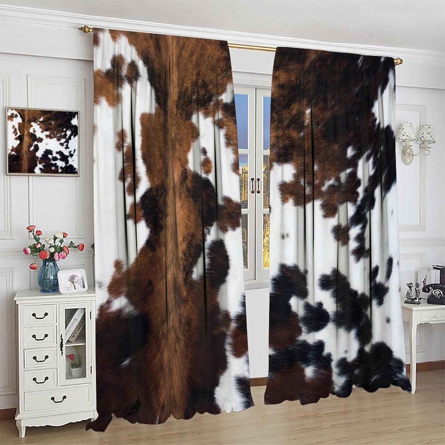 Cow Print Blackout Curtain,Brown White Cowhide Animal Fur Western Rustic Farmhouse Style Window Treatments Rod Pocket Curtain for Bedroom Living Room Kitchen Decor Drapes 42x45in - Image 3