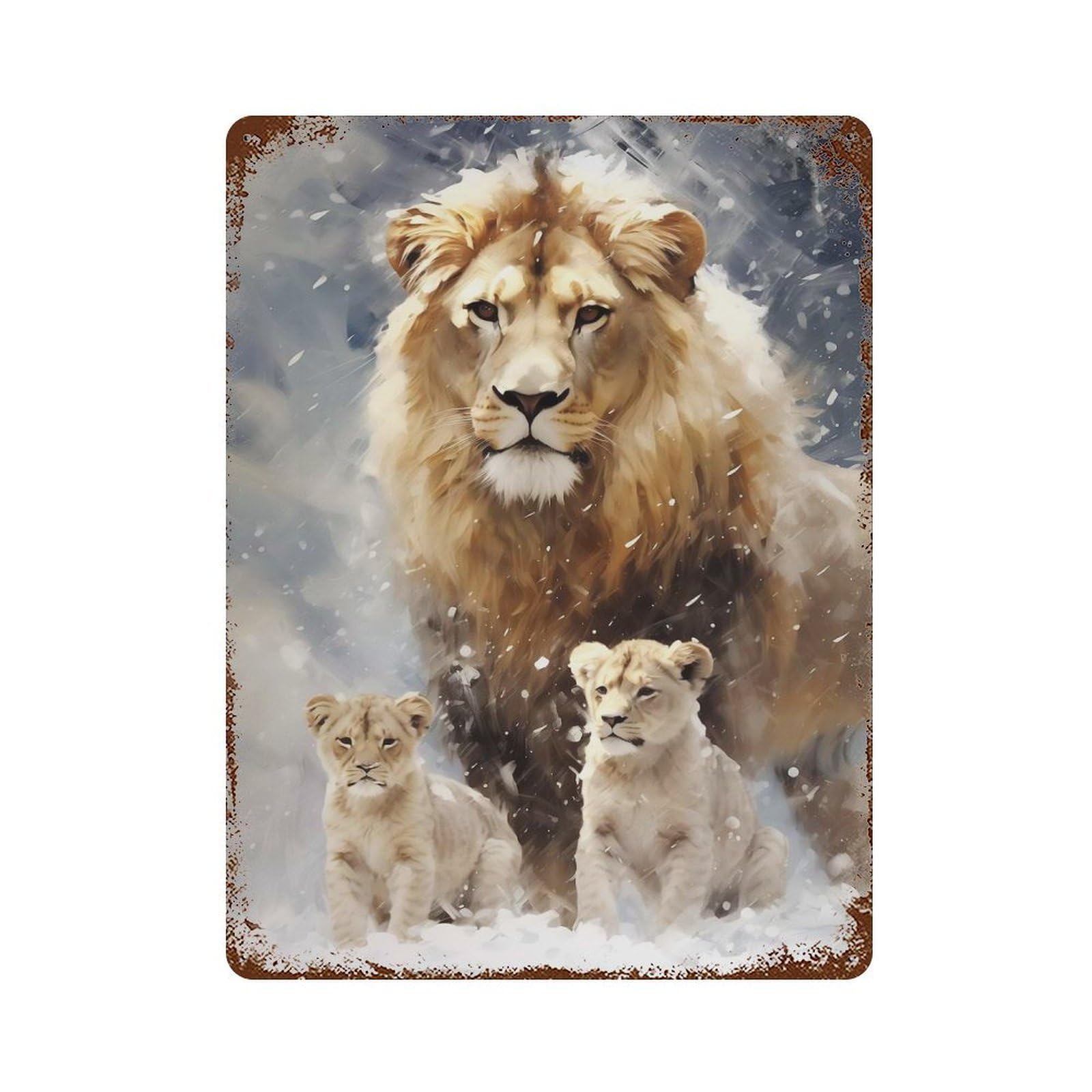 Merry Xmas Lion Family Aged Metal Wall Plaque 15.7"x11.8", Old School Wall Decor for Garage, Bar And Workshop Decor