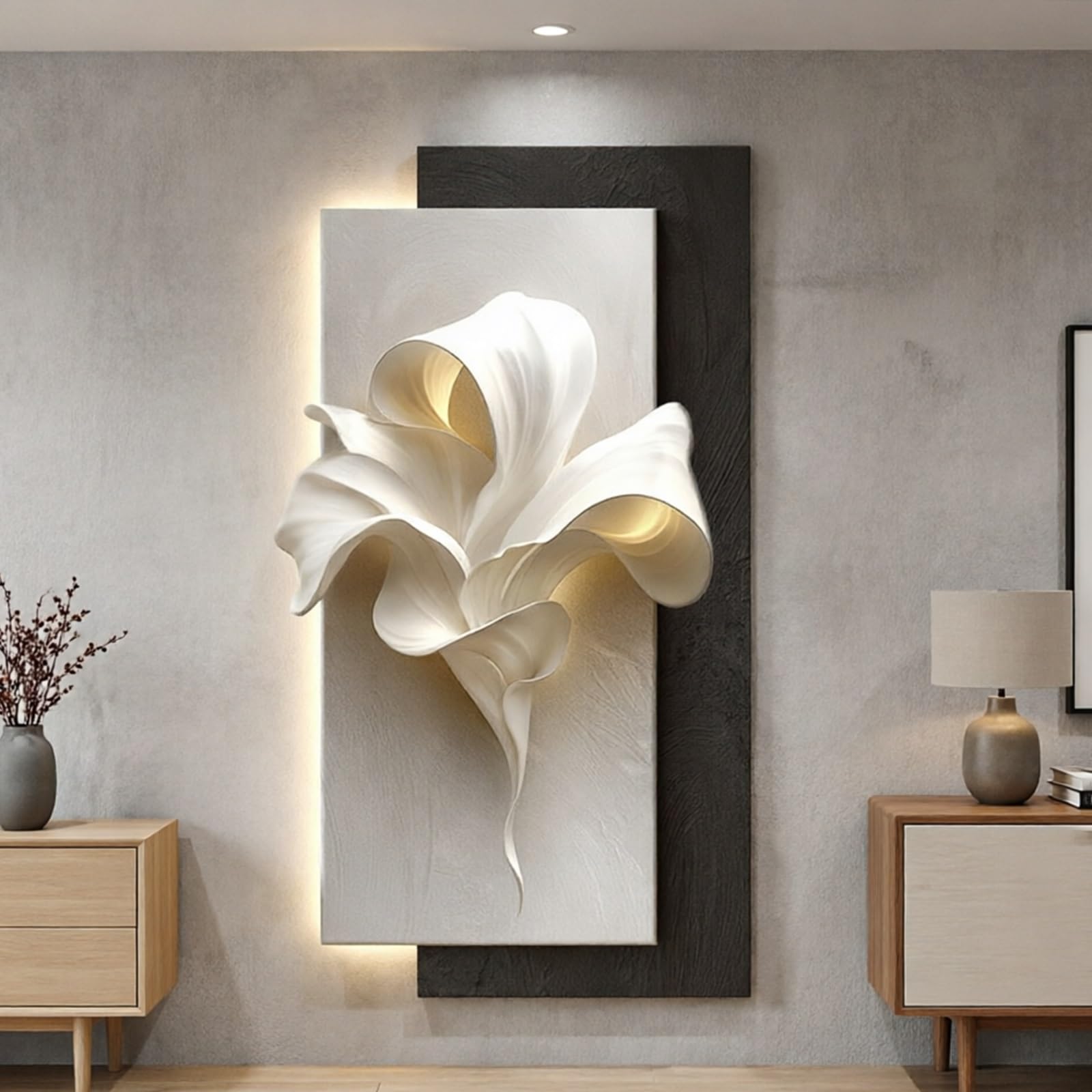 Modern 3D Layered Sandstone Texture LED flowers Wall Art Decor, Minimalist Abstract flowers Sculpture Decor Borderless with Warm Backlight for Bedroom Entrance Foyer(A,40*80cm/15.7*31.5in)