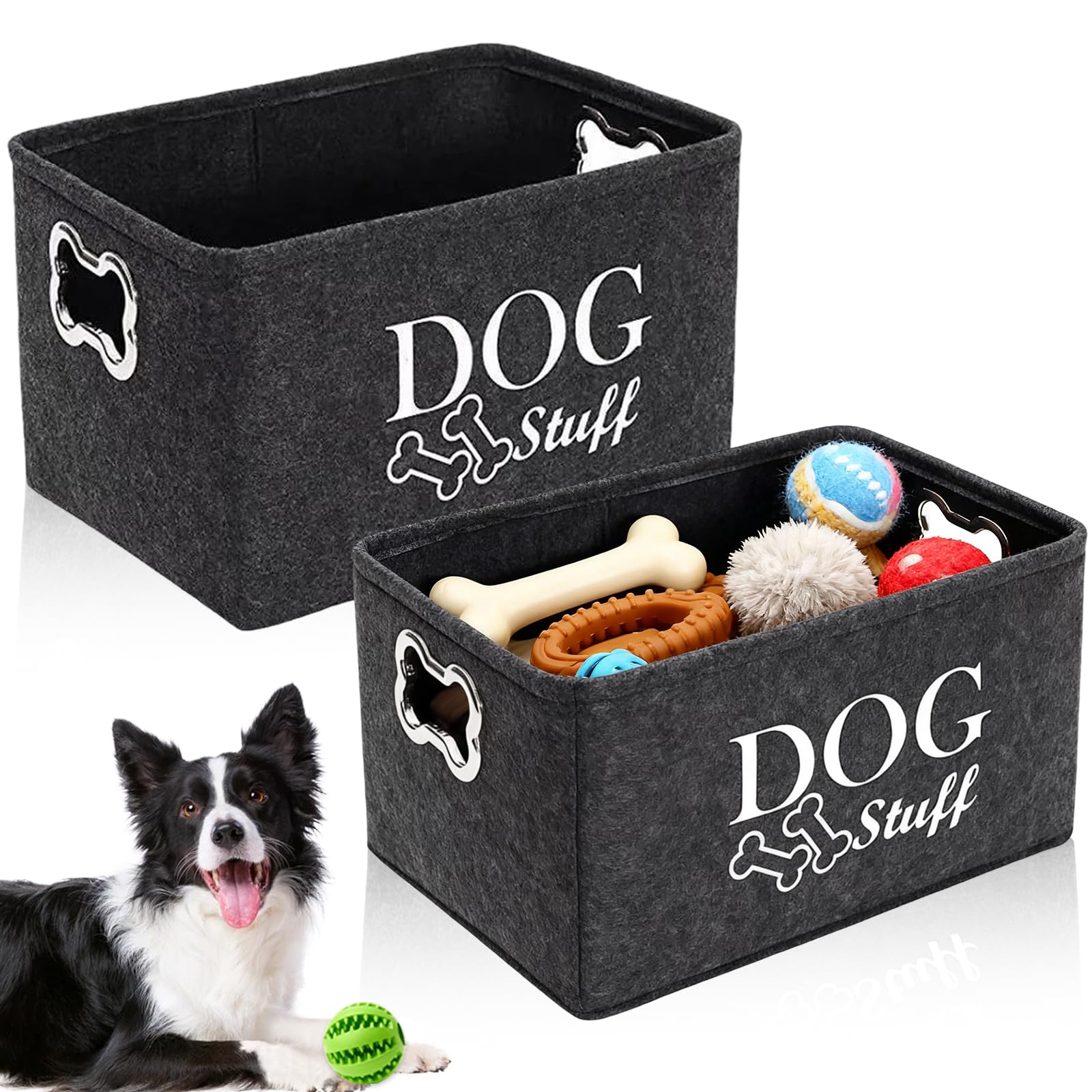 Uosiwya Dark Gray 2 Pcs Dog Toy Box Basket, Foldable Cat Toy Boxs Stuff Storage Baskets With Metal Handle Large Felt Storage Box For Pet Toys Clothes Accessory (38X27x25cm)