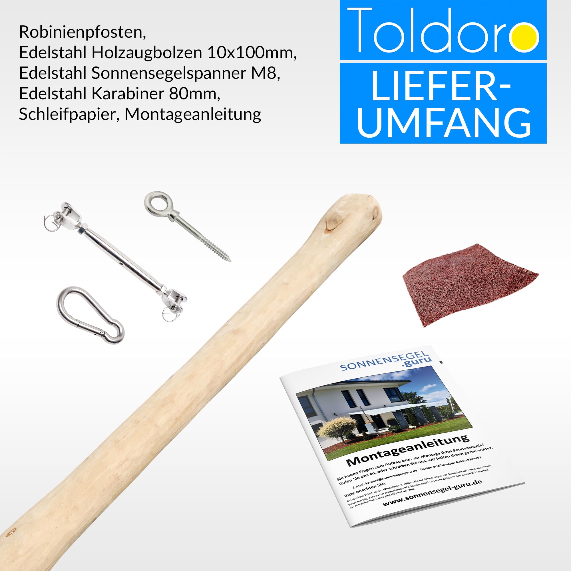 Toldoro® 3,5m Sonnensegelmast aus Holz (Robinie) mit Fester Öse Ø110-140mm / Sonnensegel Mast/Pfosten für Sonnensegel inkl. Befestigungs-Set : 