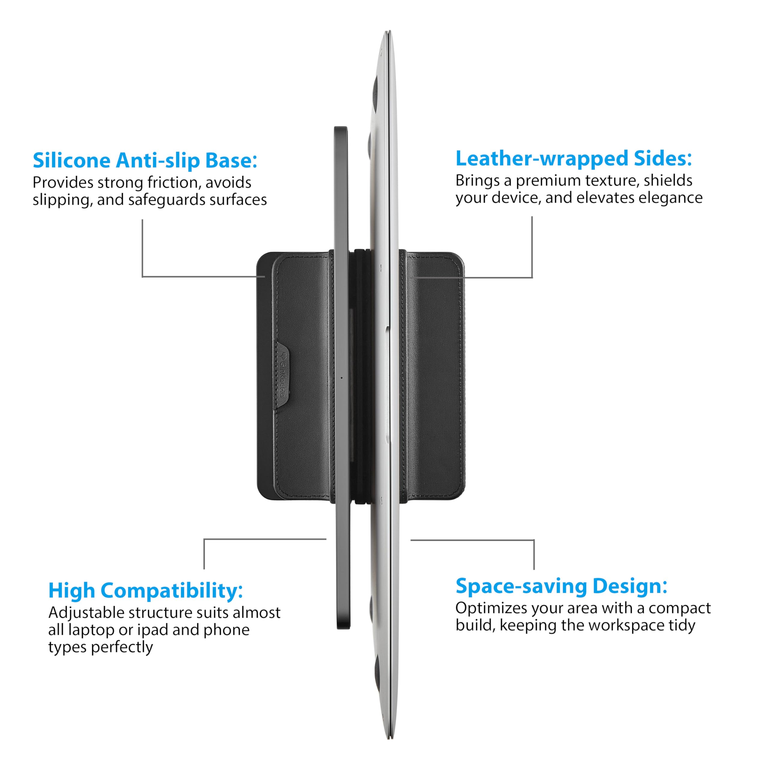 Supporto verticale doppio per laptop, 3 in 1, supporto verticale da scrivania con dock regolabile (fino a 43,3 cm), organizer da scrivania in pelle per telefono, tablet, MacBook, HP, Dell, Chrome Book