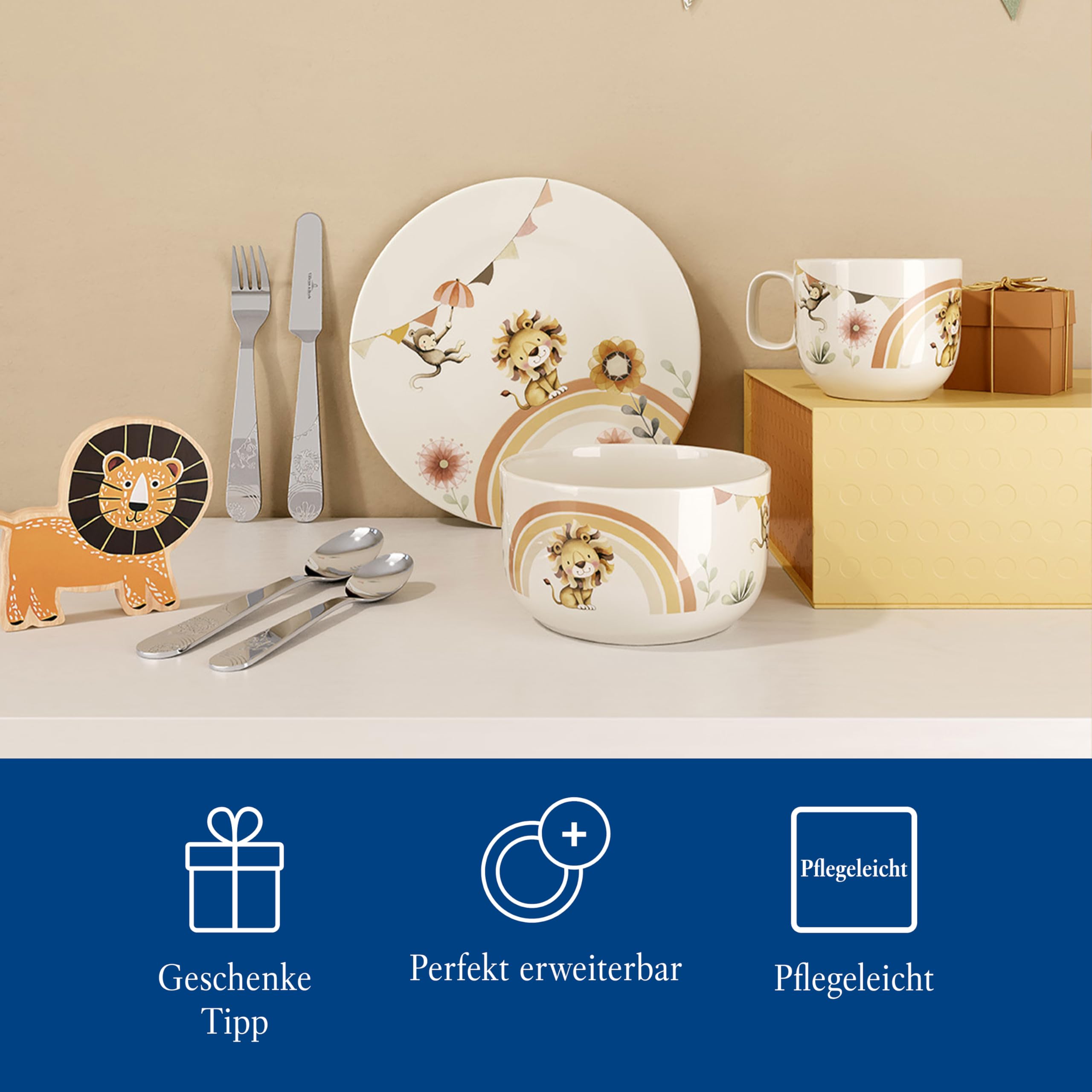 Villeroy & Boch – Boho Kids "Roar like a lion" Kindergeschirr-Set 3 teilig Beige, Spülmaschinenfest, Mikrowellensicher, Geschirr Set Kinder, Tiermotiv Löwe und Affe, Premium Porzellan