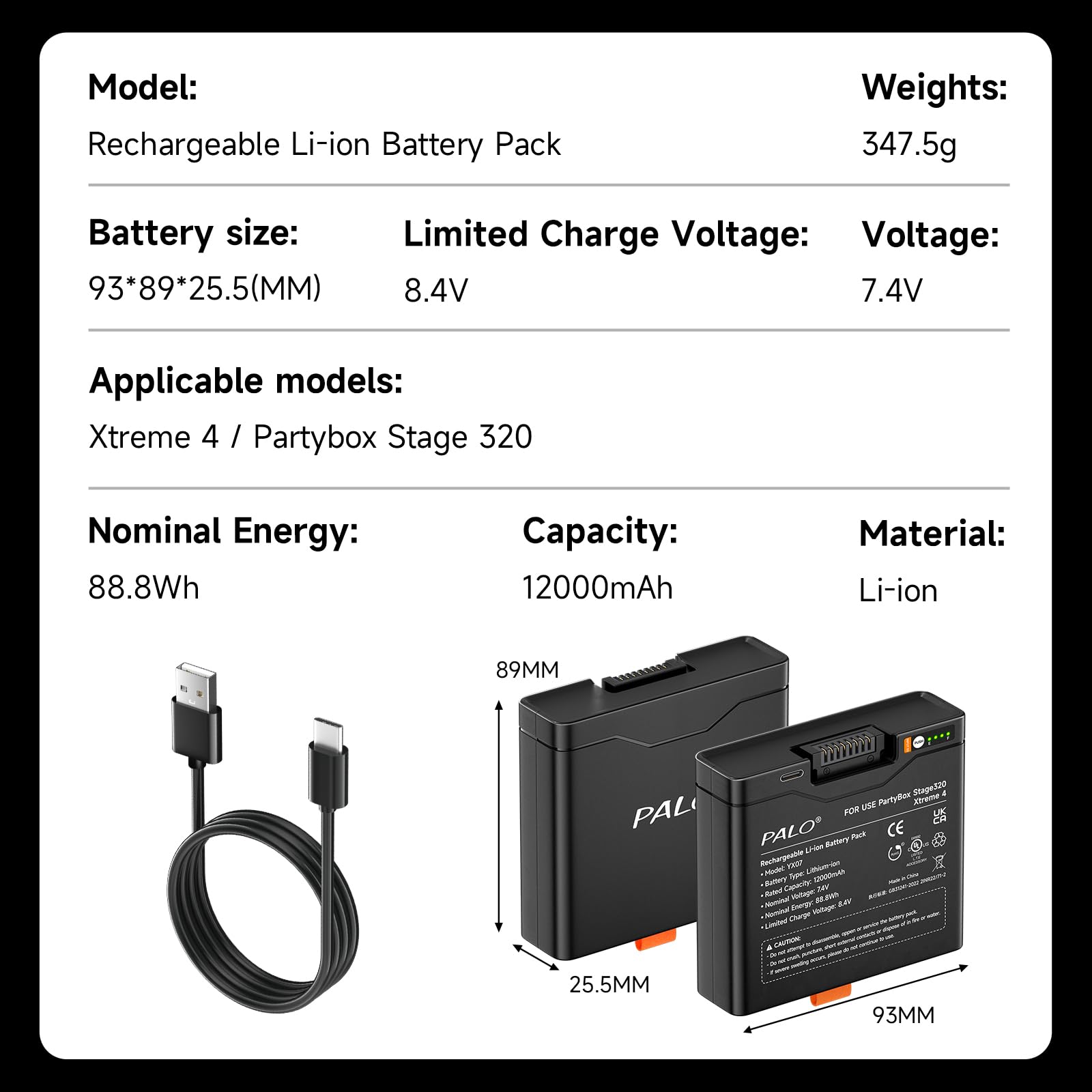 12000mAh Akku 400 für JBL Partybox Stage 320, JBL Xtreme 4-7,4V/Lithium Hochkapazitäts Batterie mit LED, Typ-C-Eingang