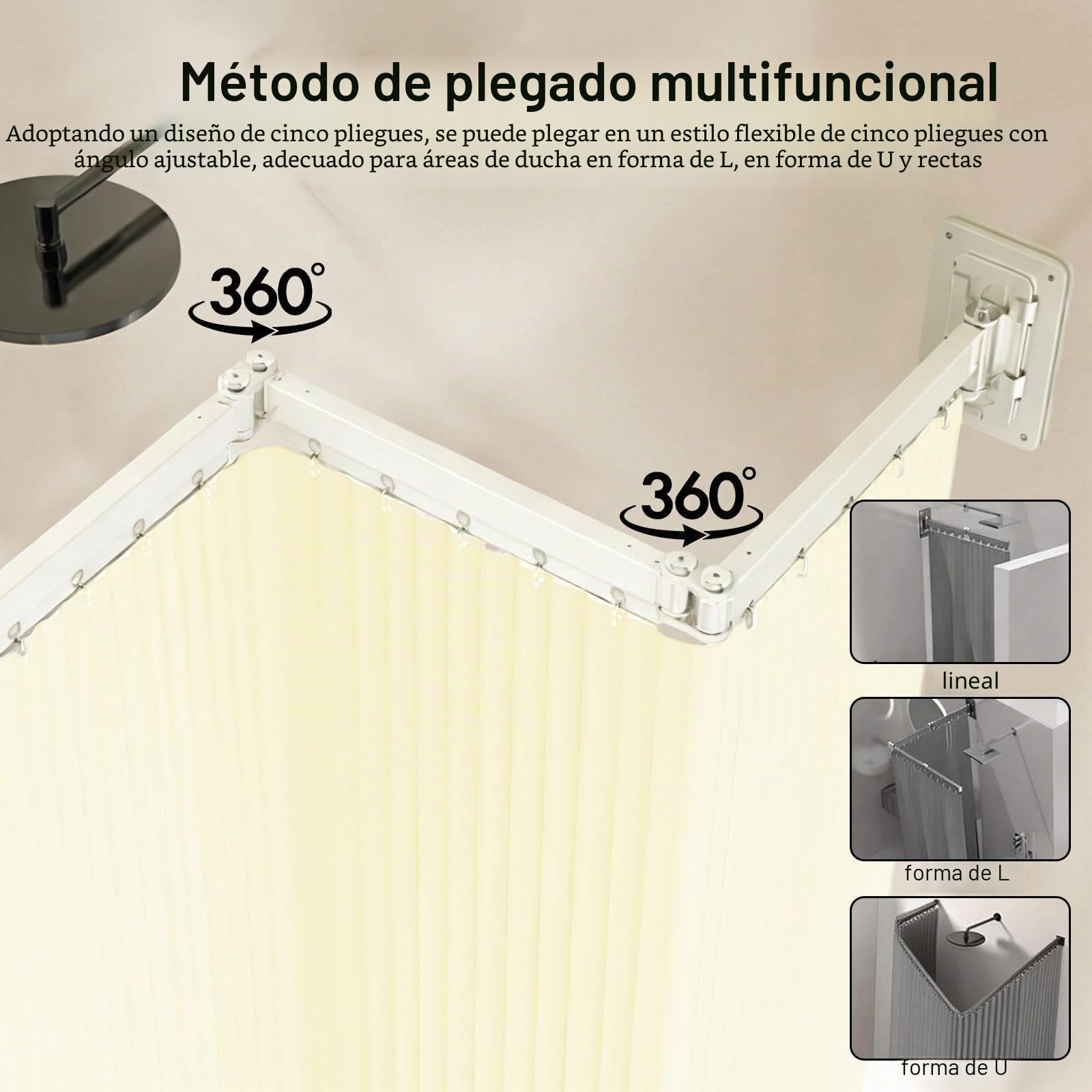 Blanco Barra de Cortina de Ducha Plegable con Cortina de Ducha | Barra Cortina Ducha, Dos Métodos de Instalación, con Accesorios de Instalación, para Hogares, Hoteles y Gimnasios