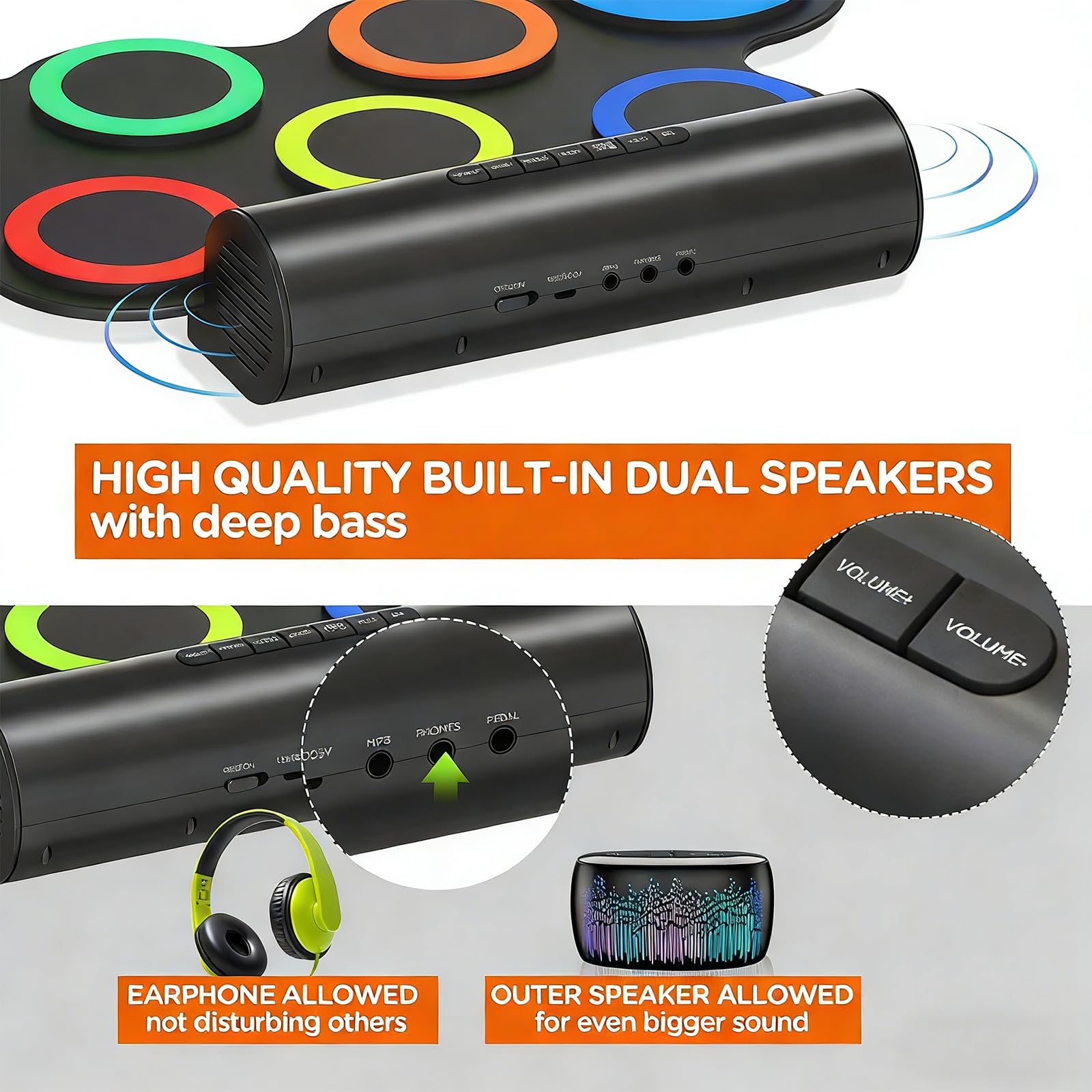 Batteria elettronica pieghevole in silicone alimentata tramite USB, per uso interno ed esterno, include la selezione del suono