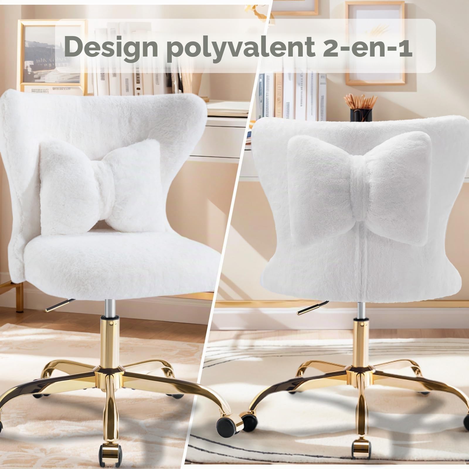 Chaise Coiffeuse Moderne, Fauteuil Pivotante à Roulette‌ Dorées‌ pour Fille, Siege Bureau Moumoute, Montage Facile, Blanche