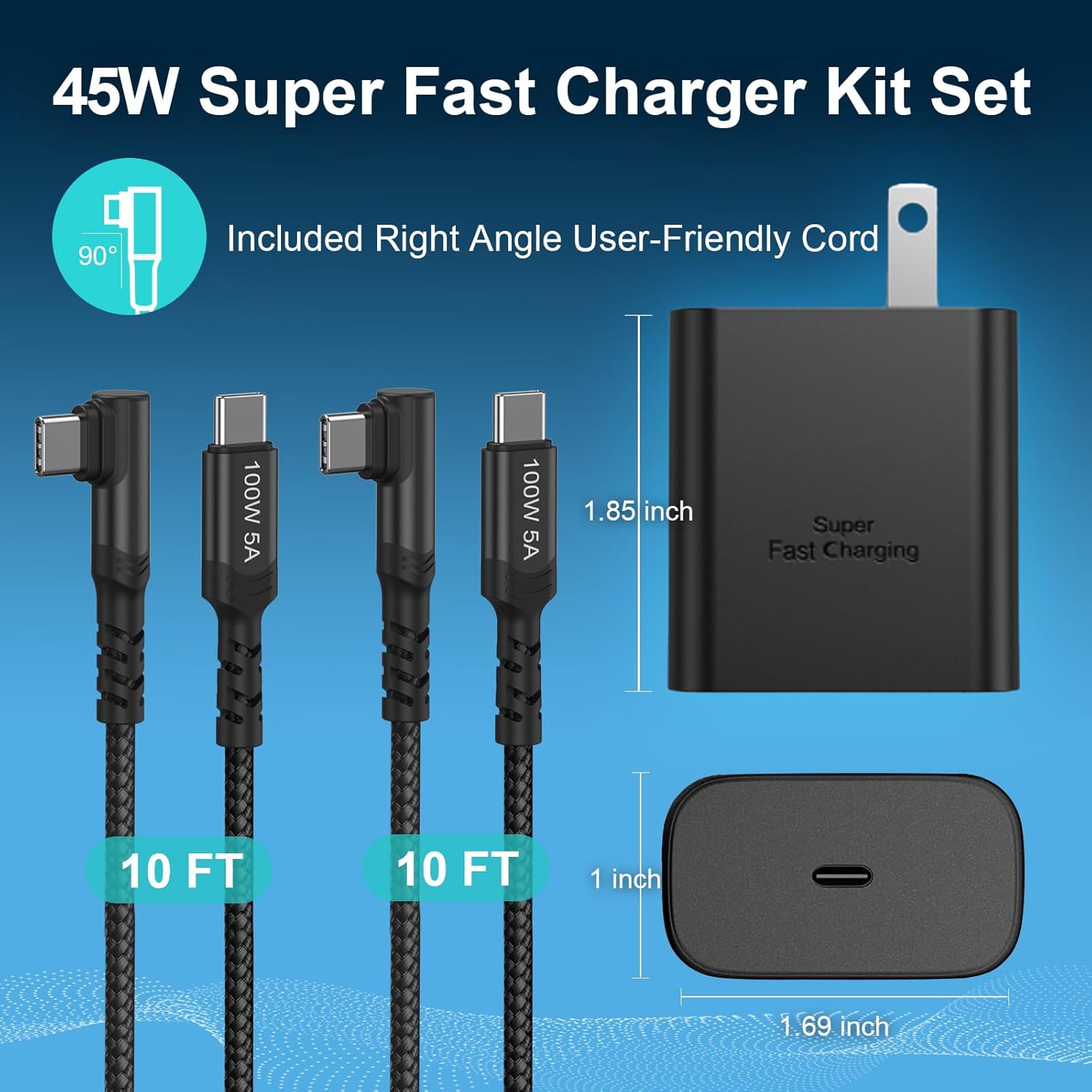 45W USB-C Charger Block, 2 Pack 45 Watt Super Fast Quick Charging Block Apdater with 10FT Right Angle Type C Charging Cord Compatible Galaxy S26 S25 Ultra S24 S23+ Plus S22 S21 S20FE Switch 2-Black