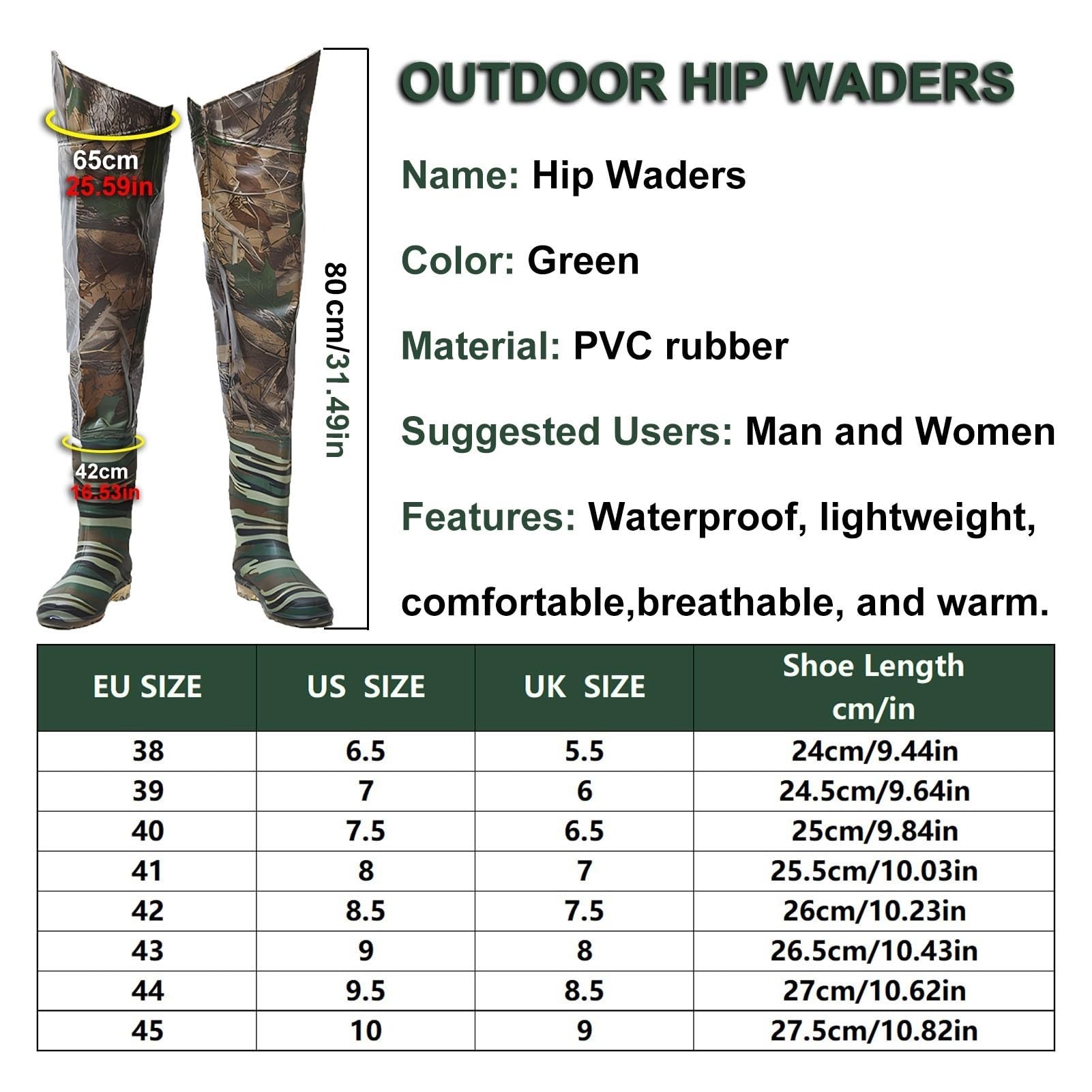 Waders hip Camo Fishing Wader 80cm, Stivali da Pesca Impermeabili Leggeri Fatti Per Durare, Per La Caccia in Paludi E Laghi