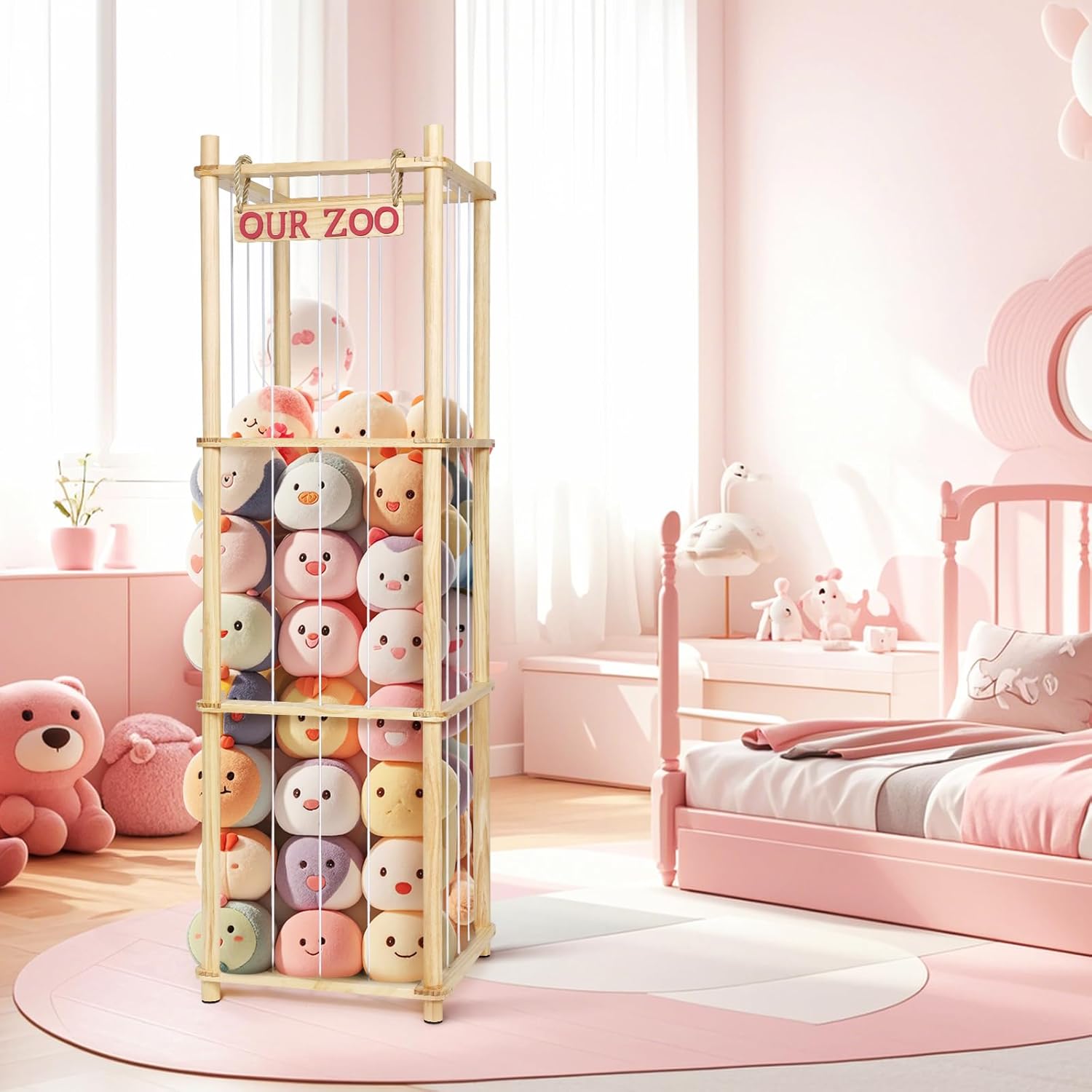 Stuffed Animal Storage - Tall Natural Pine Wood Toy Organizer with Elastic Cords & Shelf, Space-Saving Plushie Playhouse for Nursery, Playroom, Kids Bedroom - Easy Assembly - Image 5