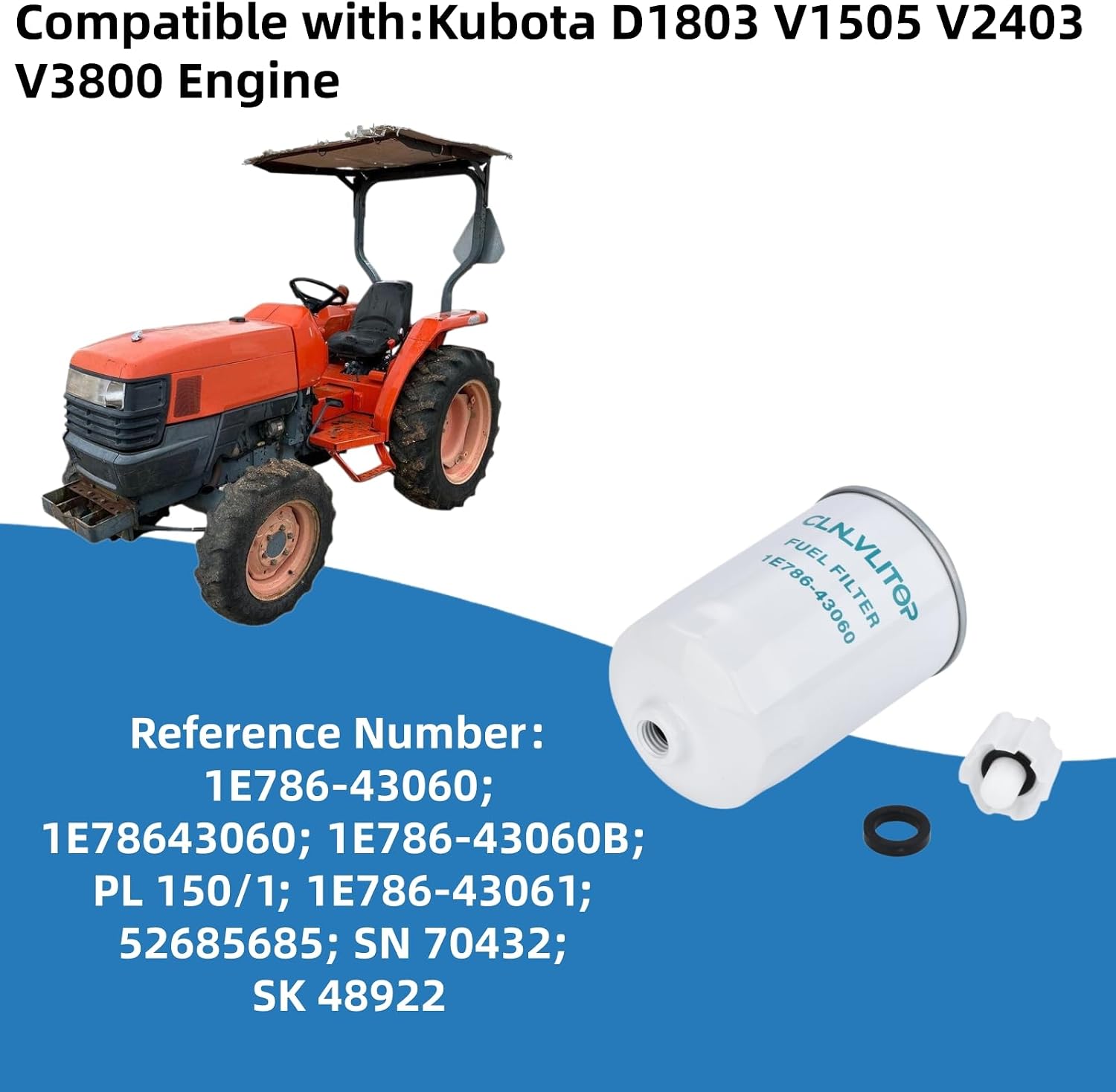 1E786-43060 Fuel Water Separator Compatible with Kubota D1803 V1505 V2403 V3800 Engine Replaces 1E78643060; 1E786-43060B; PL 150/1; 1E786-43061; 52685685; SN 70432; SK 48922