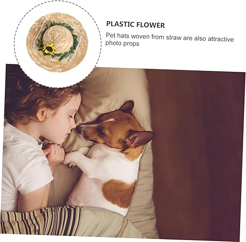Miniatura 6 de Balacoo Sombrero de girasol tejido de paja para mascotas, gato y perro, adorable decoración para mascotas, fácil de usar