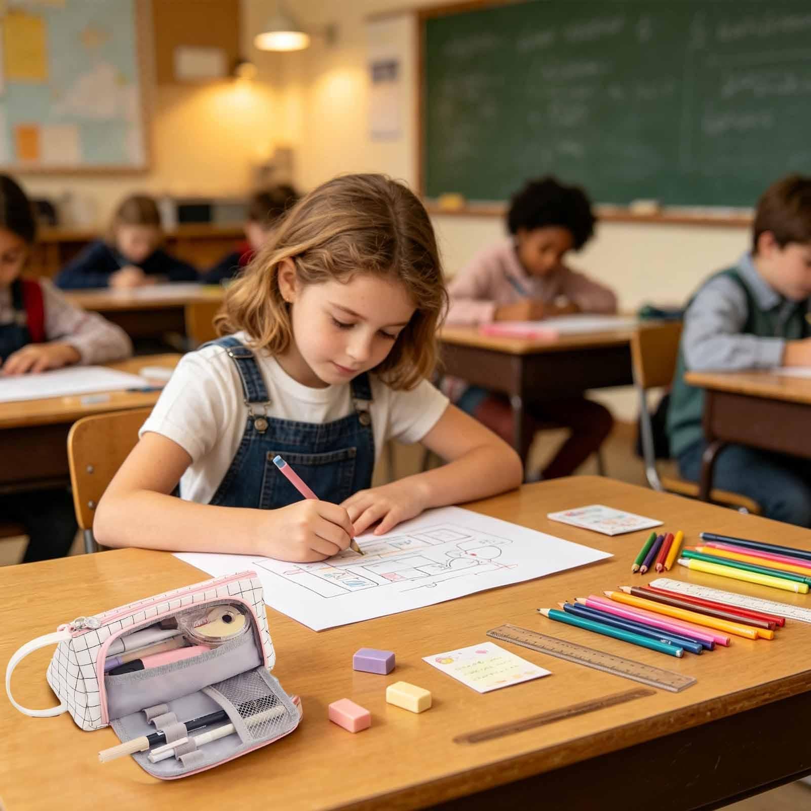 Kit Papeterie Boîte Esthétique À Capacité Généreuse avec 6 Stylos Gel | Trousse À Crayons Scolaire Pour Filles Adolescentes, Étudiantes, L'École, Le Collège Et Les Études