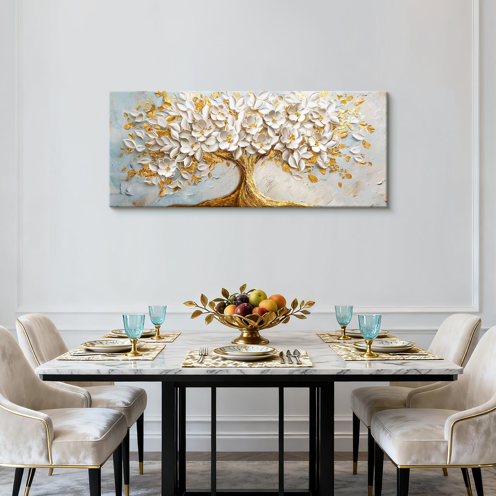Stampa su tela Con Cornice Albero della Vita Bianco in Fiore Pittura Albero Dorato Lussuoso Quadri su tela Quadri Moderni Quadretti da Parete Stampa da Parete Soggiorno Camera da Letto 50x120cm