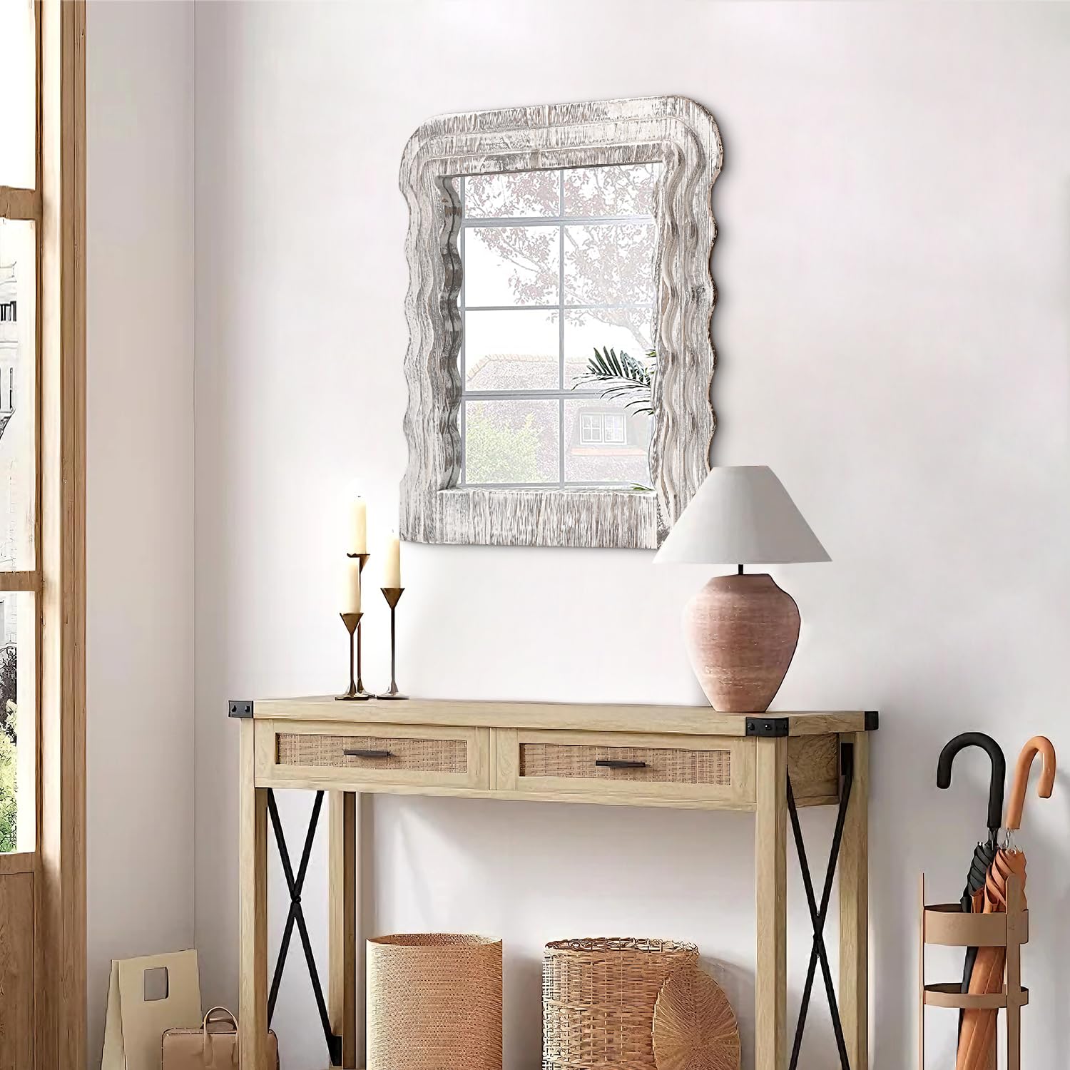 Lzuso Miroir Mural Cadre Blanc Bois Rectangulaire Miroir Mural Irrégulier Vague Rouille Miroir