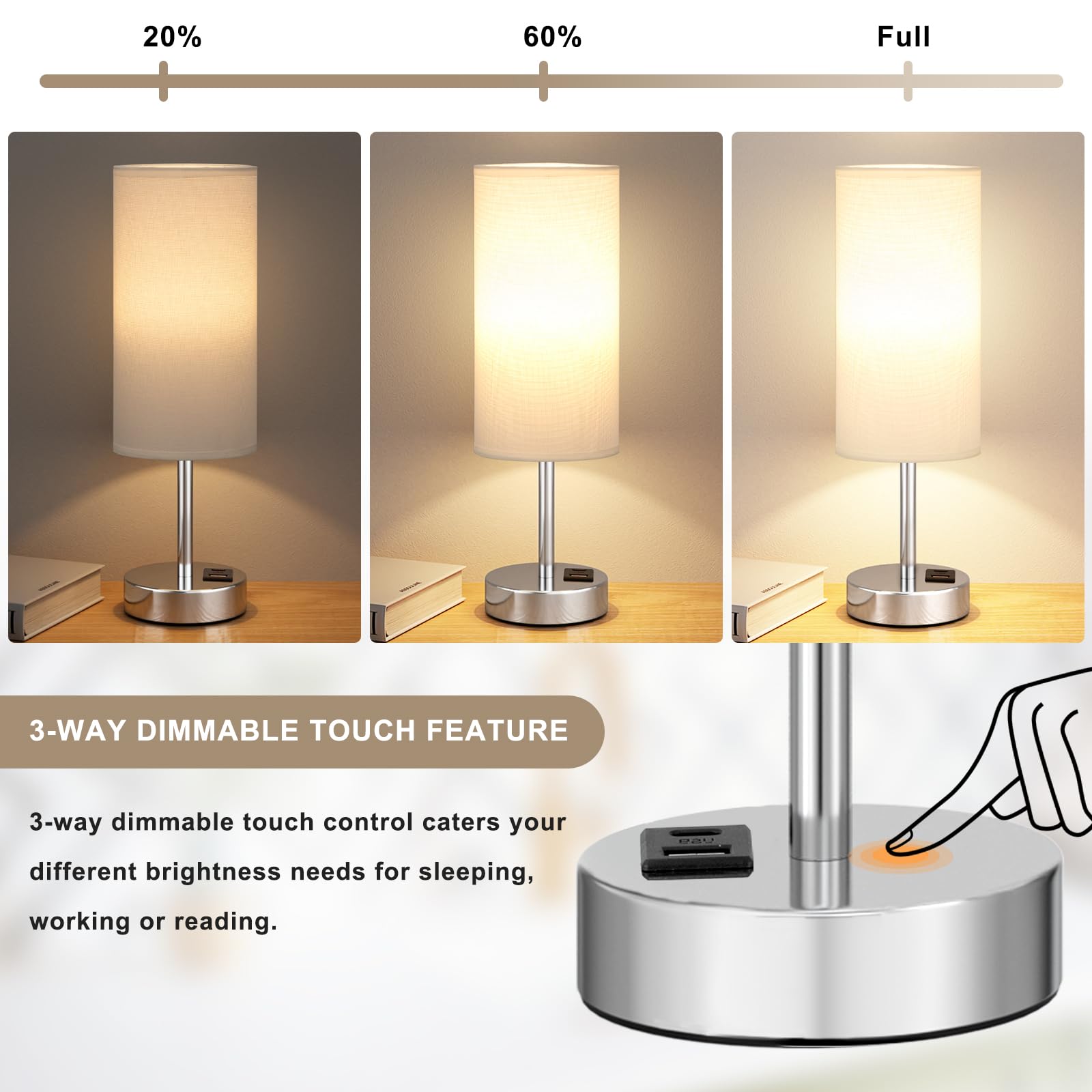 Set di 2 lampade da comodino per camera da letto, lampada touch per comodino con porte di ricarica USB-A+C, 3 vie, dimmerabile, piccola, lampada da scrivania bianca per ufficio, dormitorio, soggiorno