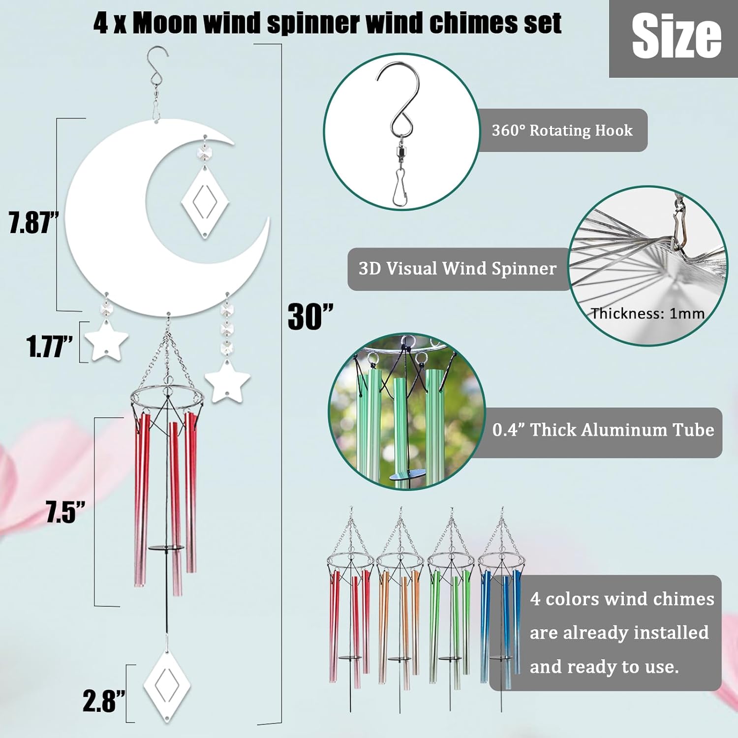 4 Packs Sublimation Wind Chime Wind Spinner Blanks Set 3D Aluminum Metal Wind Sculpture Kinetic Spinners Chimes for Yard and Garden Indoor Hanging Decoration (Moon)