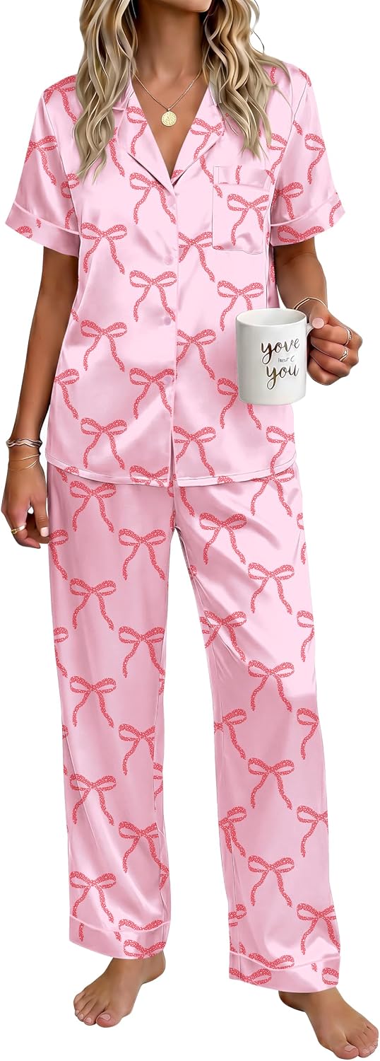 Ekouaer Womens Silky Satin Pajamas Set Short Sleeve Button Down Sleepwear 2 Piece Lounge Set Pj Set