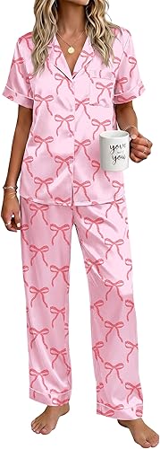 Ekouaer Womens Silky Satin Pajamas Set Short Sleeve Button Down Sleepwear 2 Piece Lounge Set Pj Set