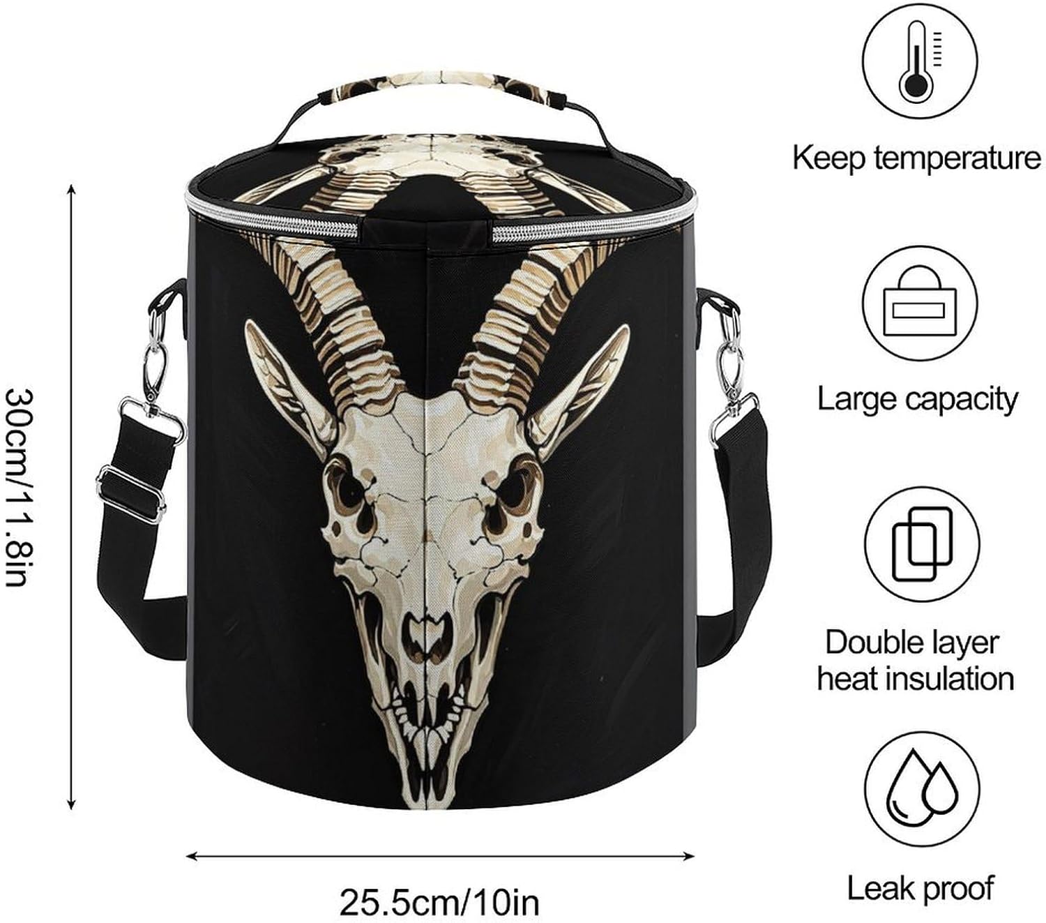 A Gothic Goat Skull Lunch Bag 15L, Insulated Picnic Basket with Leakproof Design - Large Cooler Tote for Camping, Beach, Hiking & Groceries