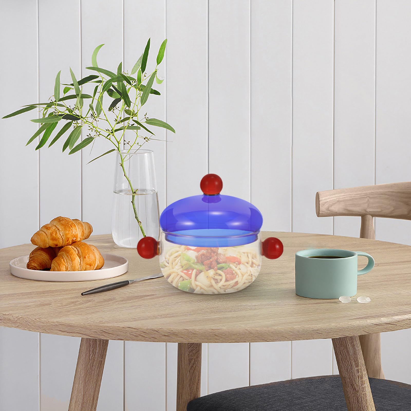 Handgefertigte mit Deckel und Löffel 250ml Borosilikatglas Transparenter Küchenkochtopf Glasschüssel Stabiles Design Mikrowellengeeignet für Salat und Suppe