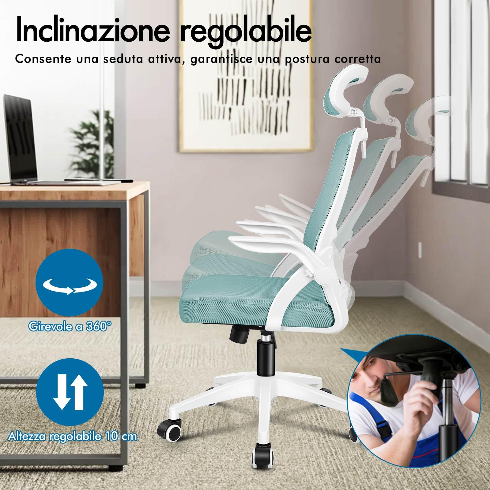 ALFORDSON Sedia da Ufficio, Poltrone con Poggiatesta, Sedia da Scrivania per Computer con Supporto Lombare, Sedia Girevole per Home Office, Ciano