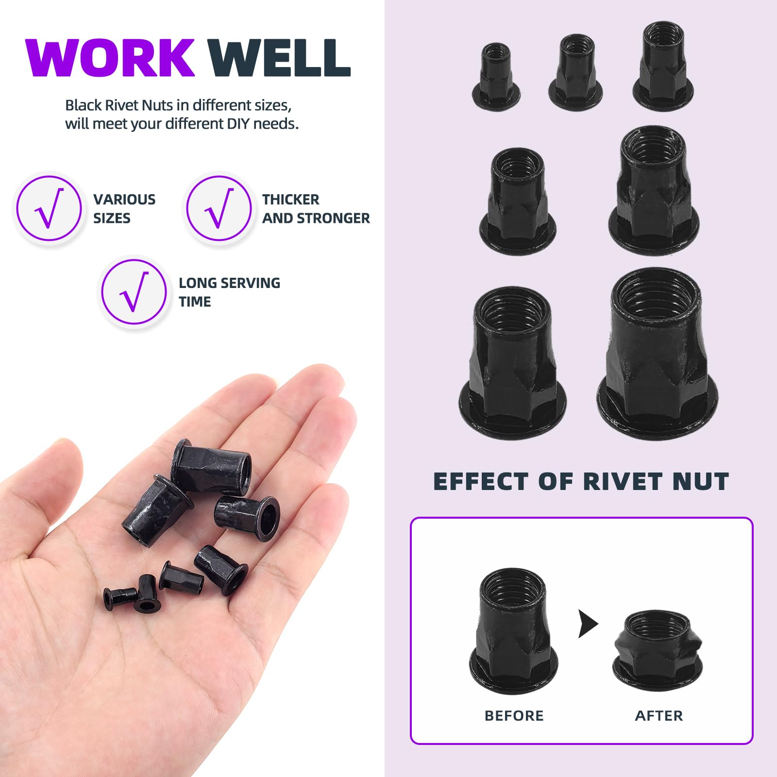Swpeet Dadi per rivetti esagonali in acciaio al carbonio zinco M3 M4 M5 M6 M8 M10 M12 Filettatura metrica semi-esagonale Acciaio al carbonio zincato Assortimento di dadi rivettati a testa piatta
