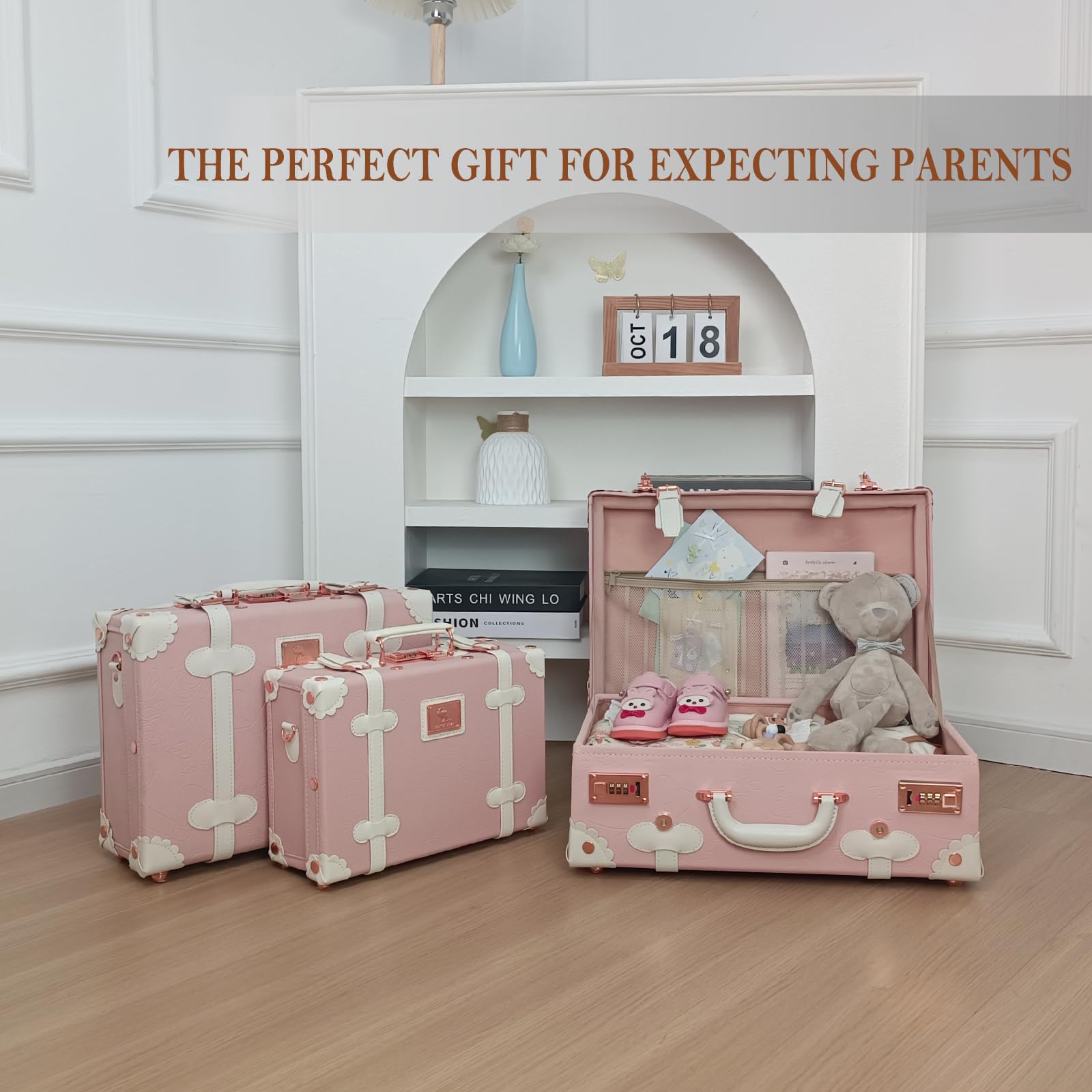 Unitravel Erinnerungskoffer Baby, Vintage Handgefertigte Erinnerungsbox als Geschenkidee für Mädchen (Geprägtes Rosa, 18 Zoll)