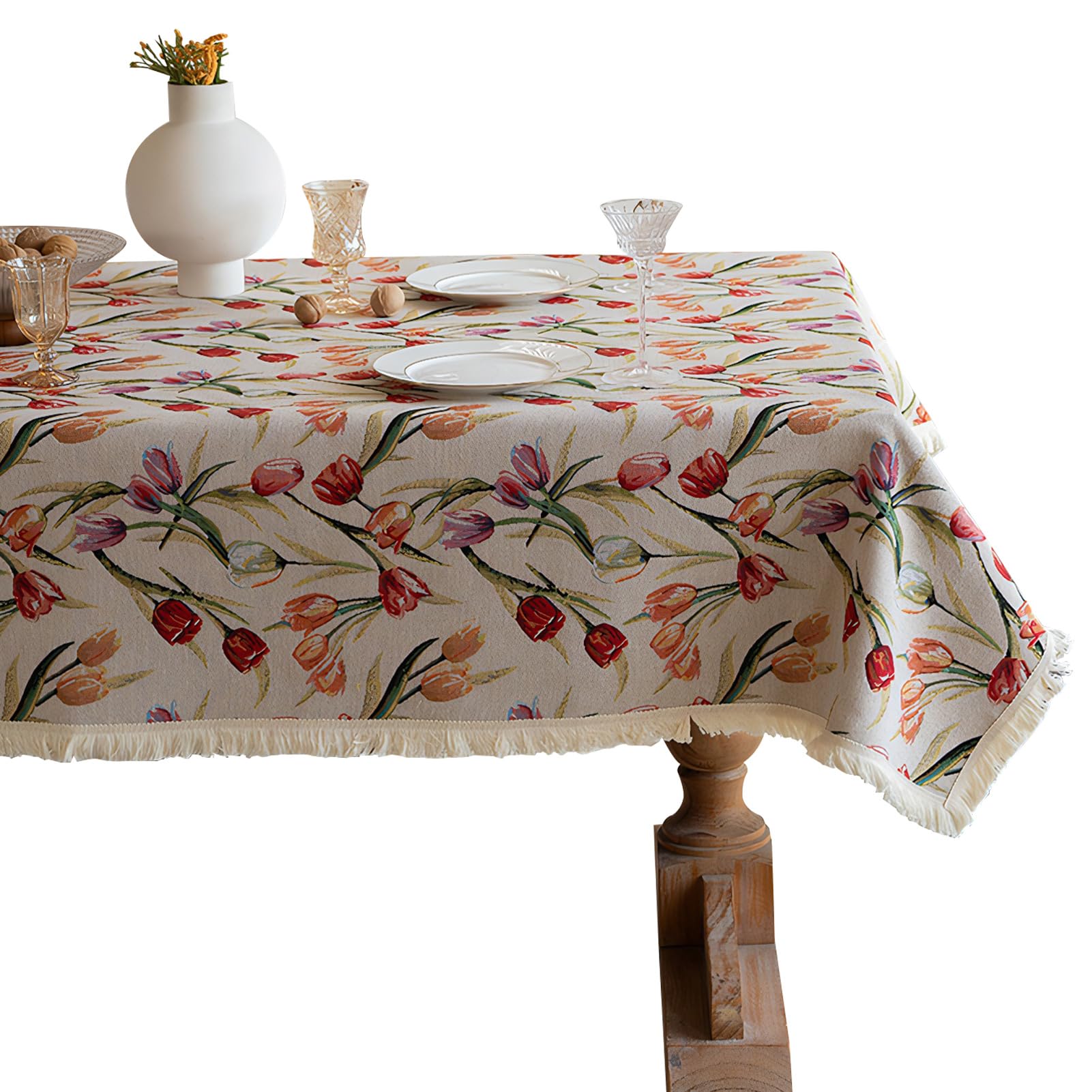 Ausing Retro Table Cloth with Tulip Prints 140×220 cm Thick Cotton Linen Woven Table Slipcover Country House Style