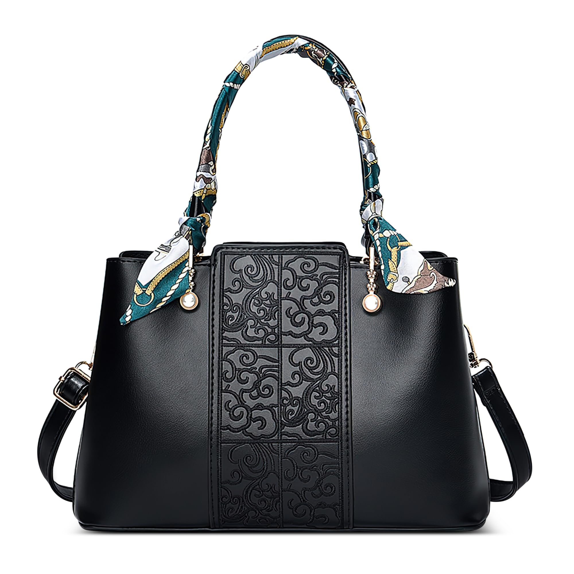 Moda Ricamata Borsa a Mano Donna Elegante Borsa a Tracolla Impermeabile Regolabile Borse a Spalla con Nastro Lavoro Viaggio Partito Pelle PU Nero