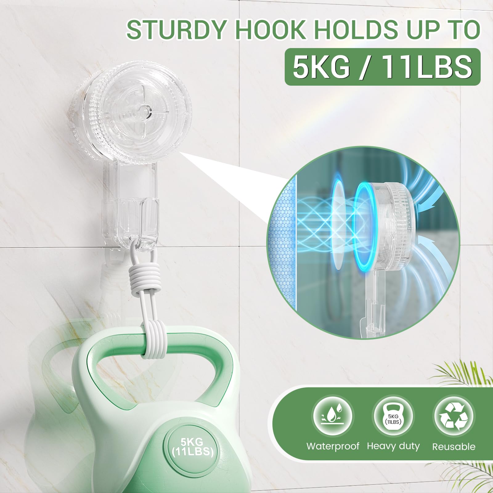 GlobaLink Suction Hooks, Heavy Duty Vacuum Clear Suction Cup Hook Hold up to 5KG/11LB, Reusable & Waterproof Shower Hooks - Image 3
