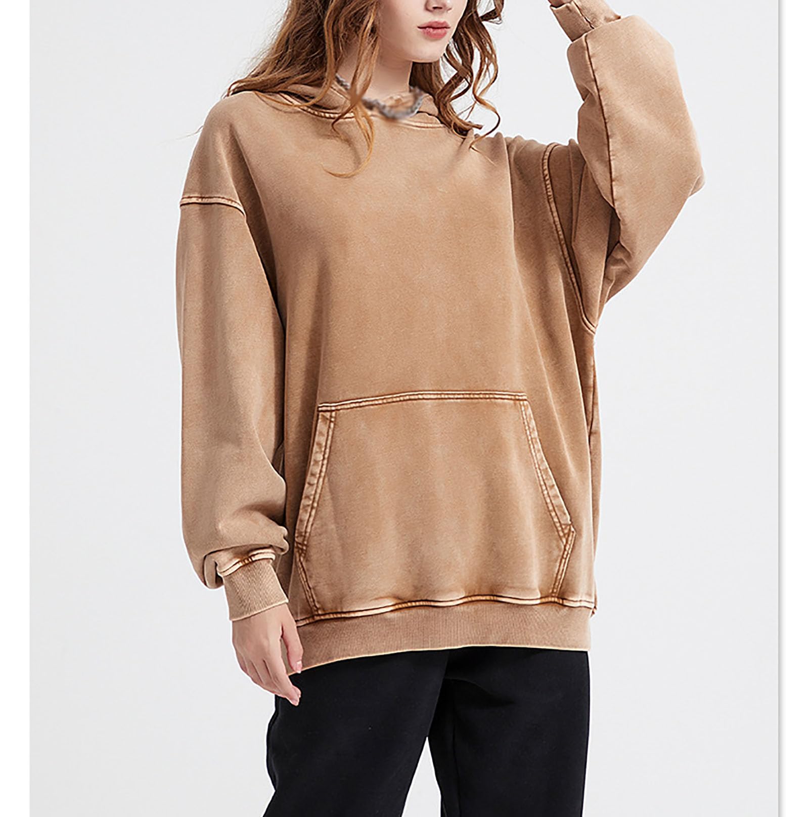 Generisch Bluza damska oversize, ciężka, sprana damska bluza z kapturem w stylu Acid-Wash, prosta bluza z kapturem w stylu vintage