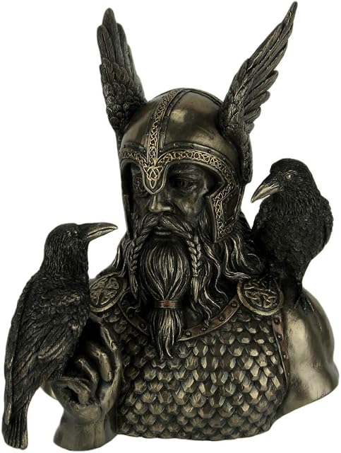 Veronese Design Norse God Odin in Winged Helm with Ravens Statue