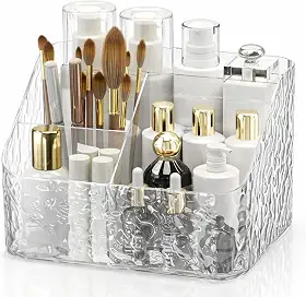 Organizador Multiuso de Maquiagem Joias e Cosméticos em Acrílico Transparente com 4 Compartimentos Porta Objetos Texturizado para Penteadeira, Banheiro e Closet -Three Brothers