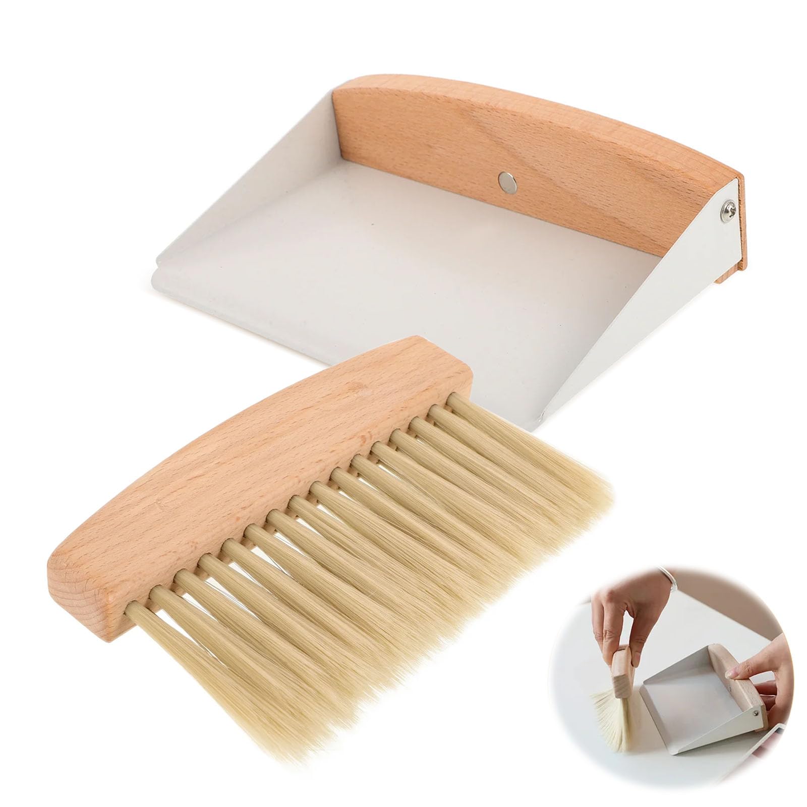 Small Dustpan and Brush Set, Portable Mini Broom, Mini Portable Dustpan Mini Wooden Table Brush for Sweeping Table Tabletop Countertop Desktop(15.4x10.6x4cm/White)