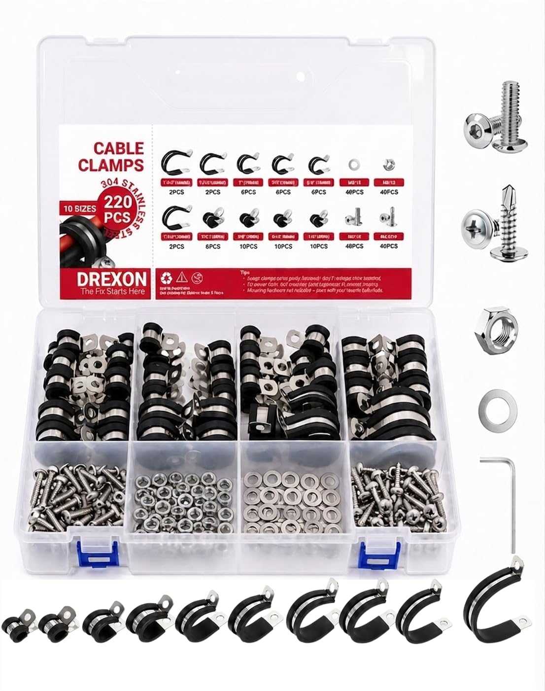 220PCS Rubber Cushioned P Clamp Kit with Hardware, 1/4"-1-3/4"