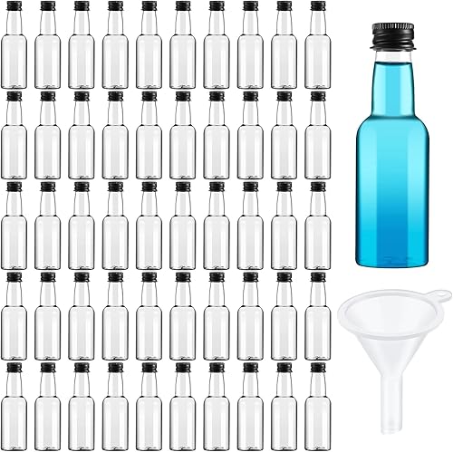 200 mini botellas de licor de 1.7 onzas, botella vacía de plástico con tapa de rosca negra, mini botellas de vino, botellas de salsa caliente,