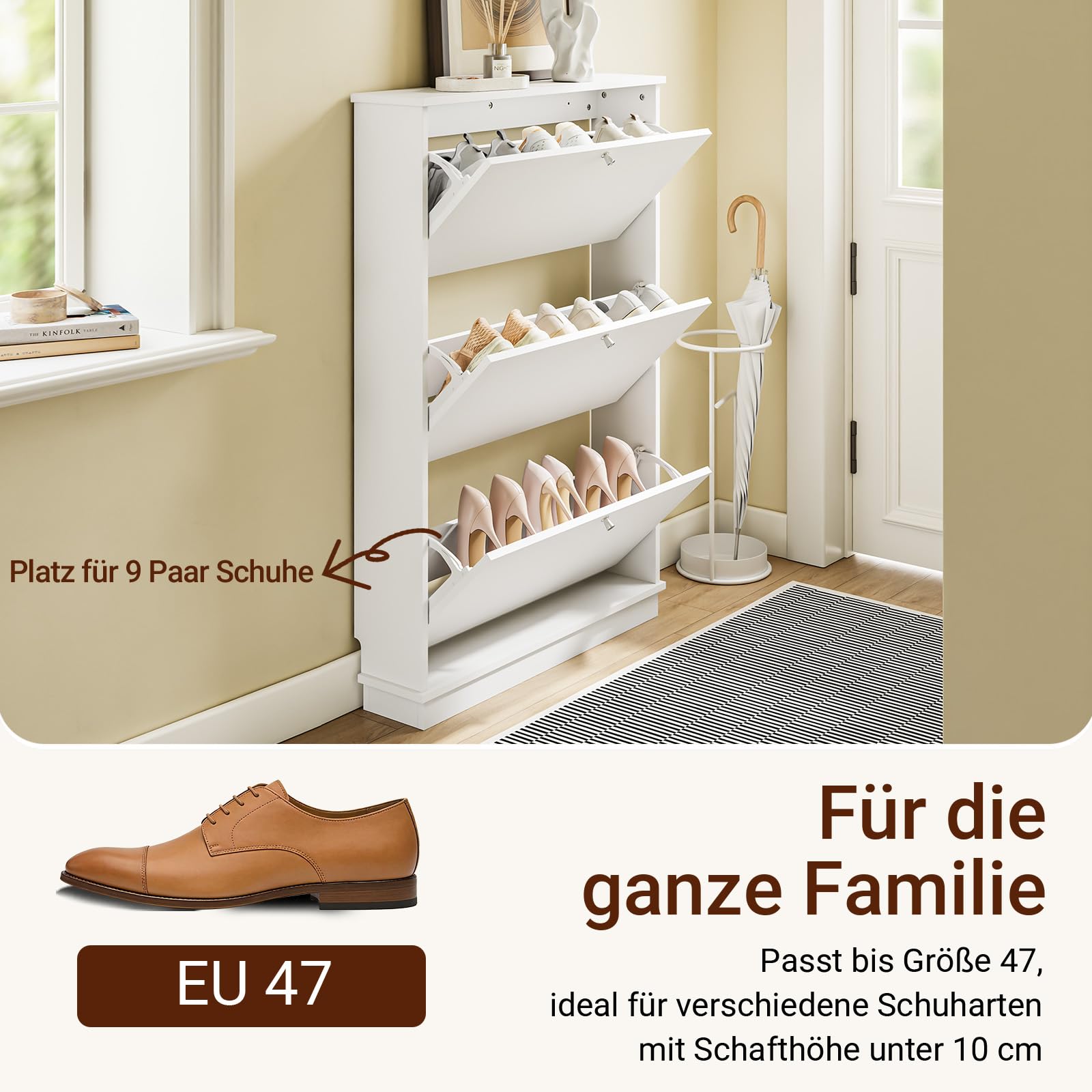 SoBuy Schuhschrank Schmal - Extrem Schmal 18Cm, Passt Große Schuhe Bis EU 47, Schmaler Schuhschrank für Eingänge, Flure, kleine Wohnungen, Platzsparend - 76x18x113Cm - FSR215-W