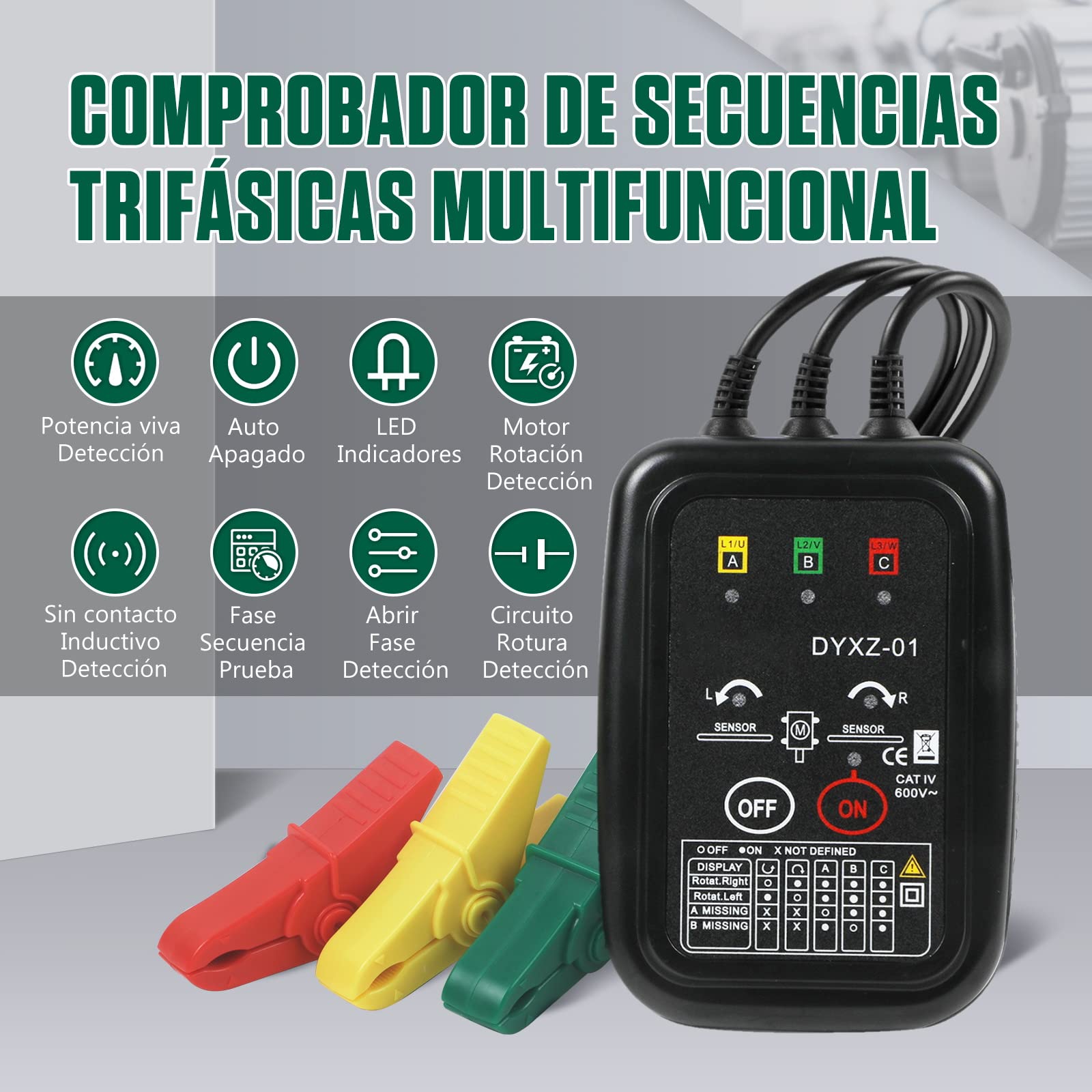Probador de Rotación de Fases,Medidor de Secuencia de Fases sin Contacto, Comprobar de Rotación de Motores,LED Indicardor,70~600V AC Probadores de Tensión