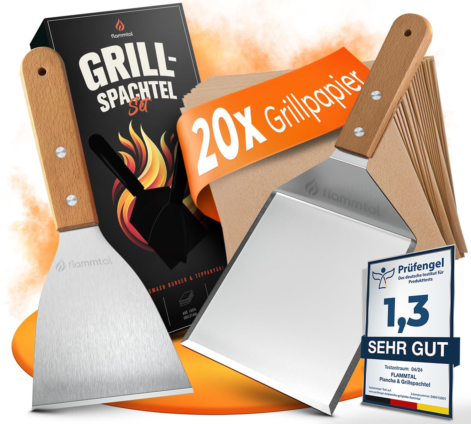 flammtal [Das Original] - Smash Burger Set mit 20x Burgerpapier - Grillspachtel Set aus Edelstahl - Hochwertiger Plancha Spachtel - Grill Spachtel für Teppanyaki - Grill Zubehör - Mit Echtholzgriff