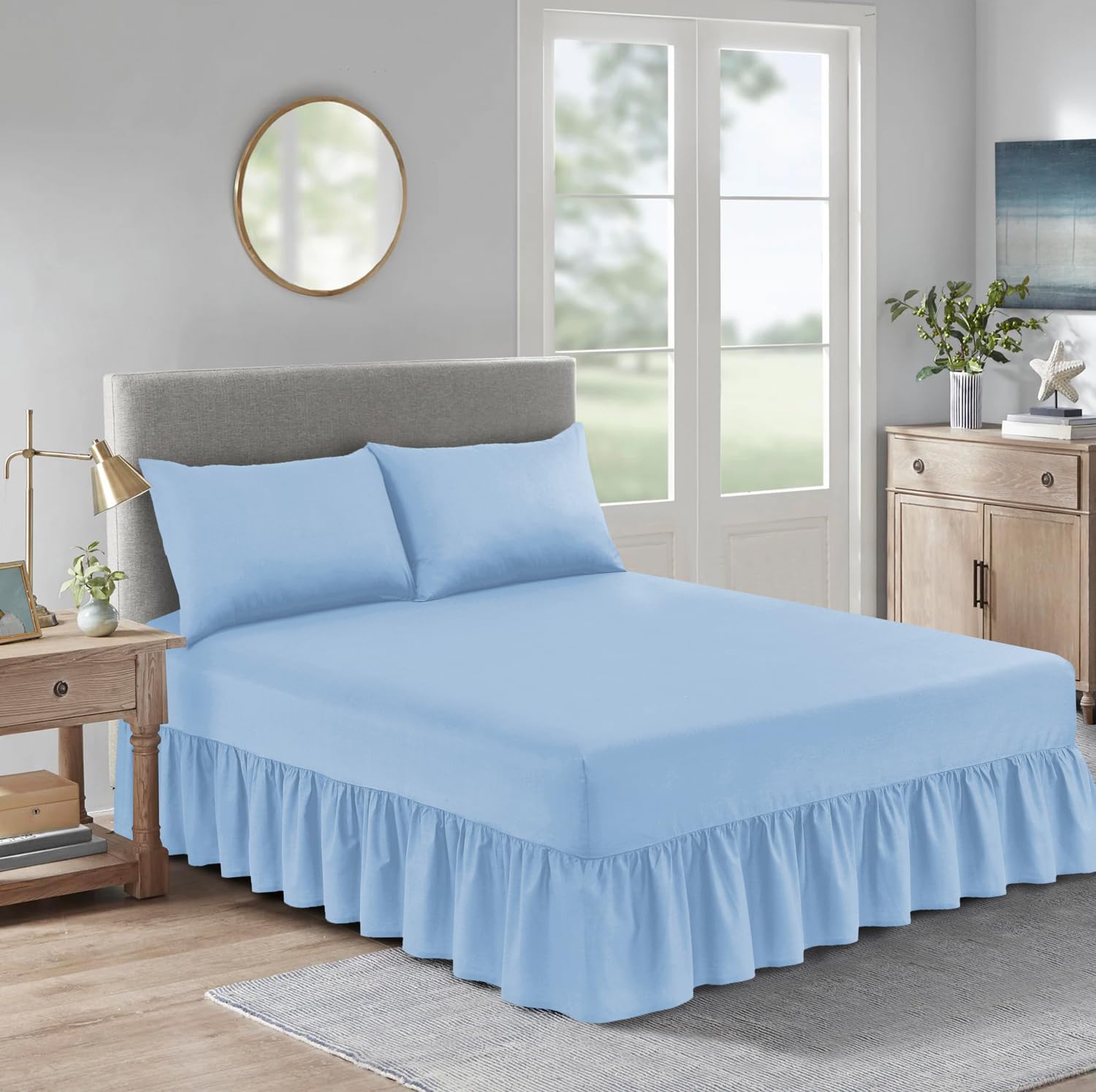 BOSKI LONDON Polycotton Valance Sheet | Deep Fitted Valance Bed Skirt with Pleated Design | Soft Breathable Non-Iron Valance Fitted Sheet Single Double King (SKY, KING(203 X 152 cm))