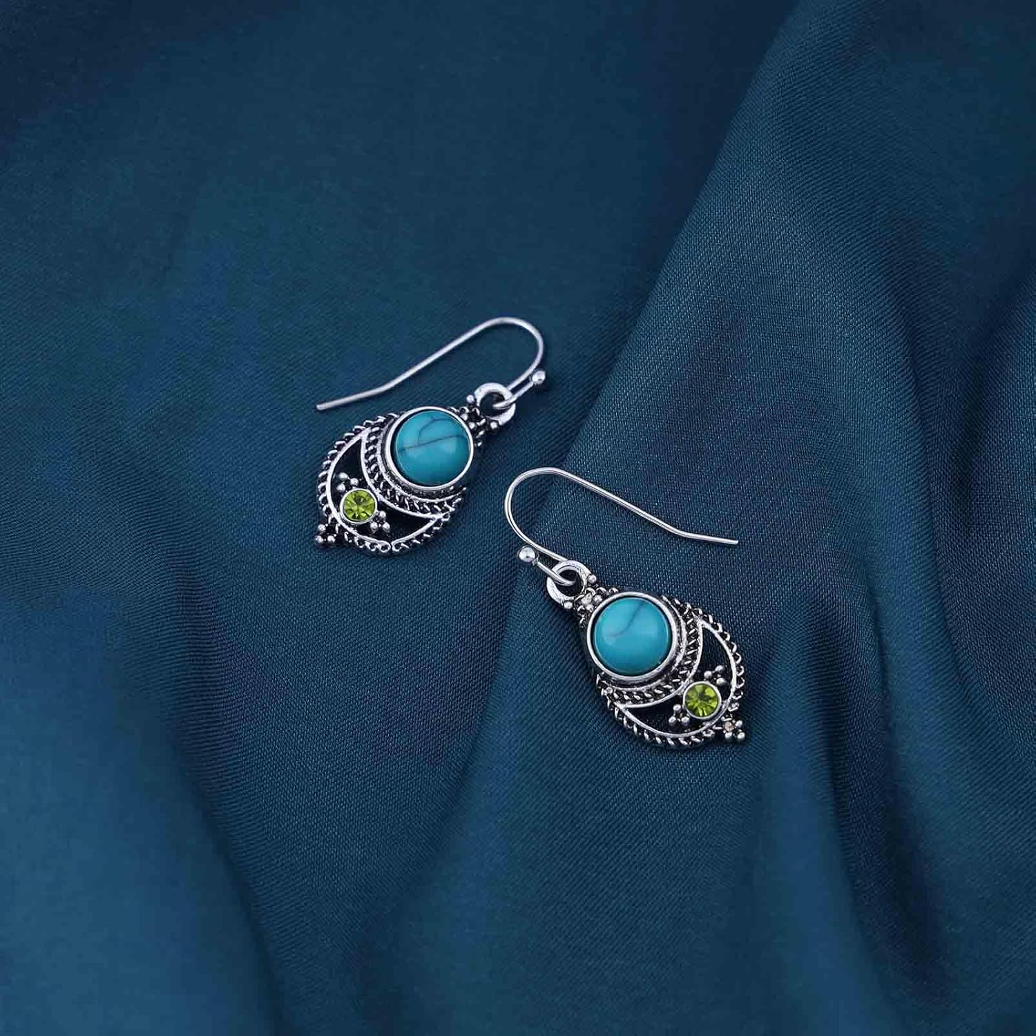 Boho Vintage Turquoise Earrings Turquoise Teardrop Earrings Turquoise Tribal Earrings Oval Turquoise Dangle Earrings Jewelry for Women - Image 5